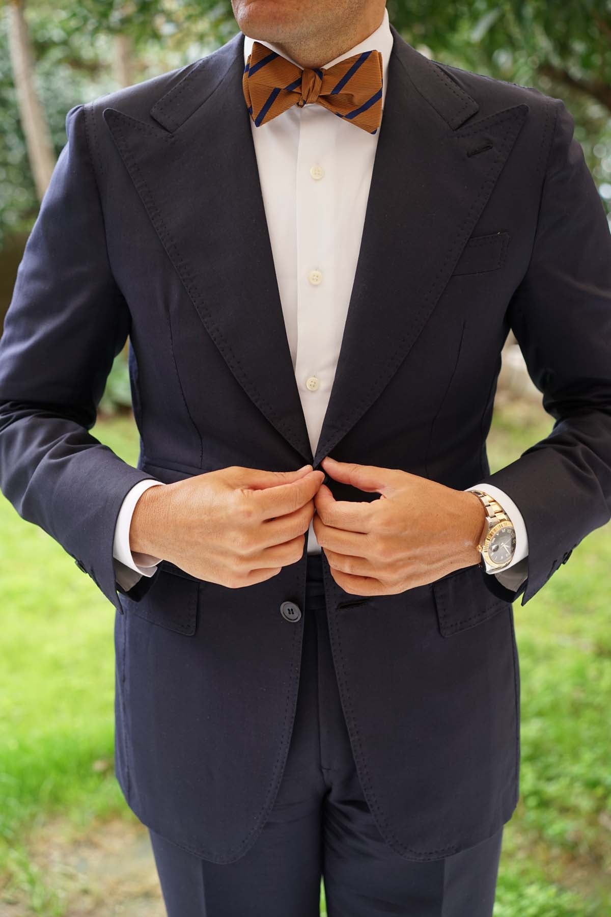 Golden Brown Pencil Stripe Self Bow Tie