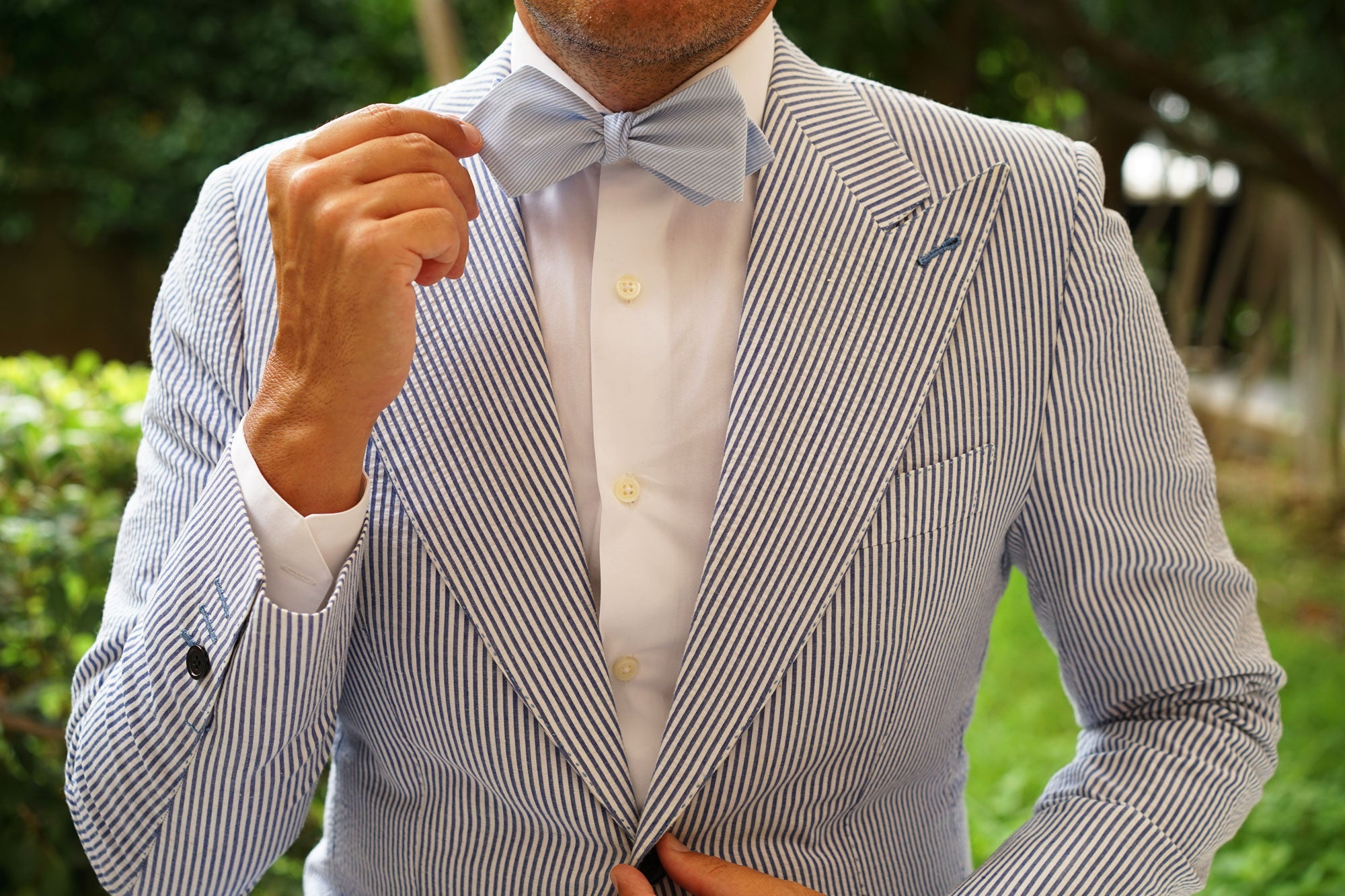 Light Blue Pinstripes Cotton Self Tie Diamond Bow Tie