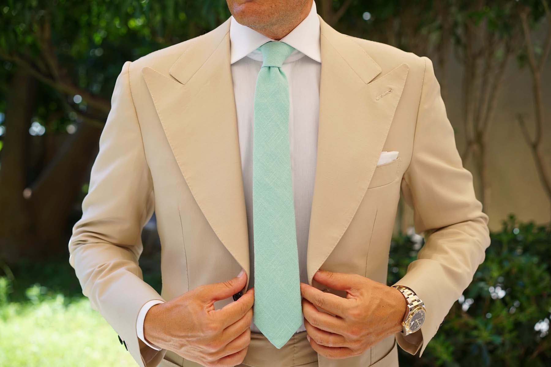 Mint Blush Green Chevron Linen Skinny Tie