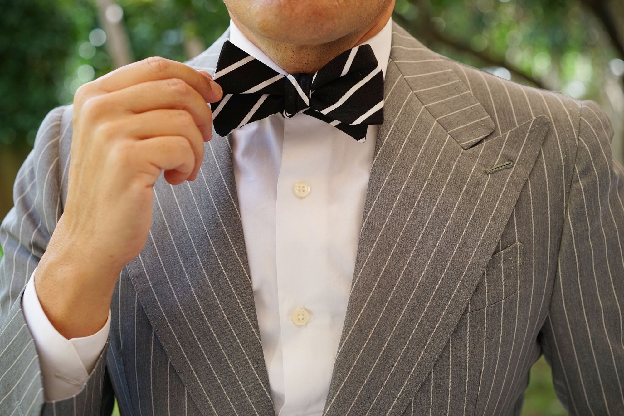 Onyx Black Pencil Striped Linen Self Bow Tie