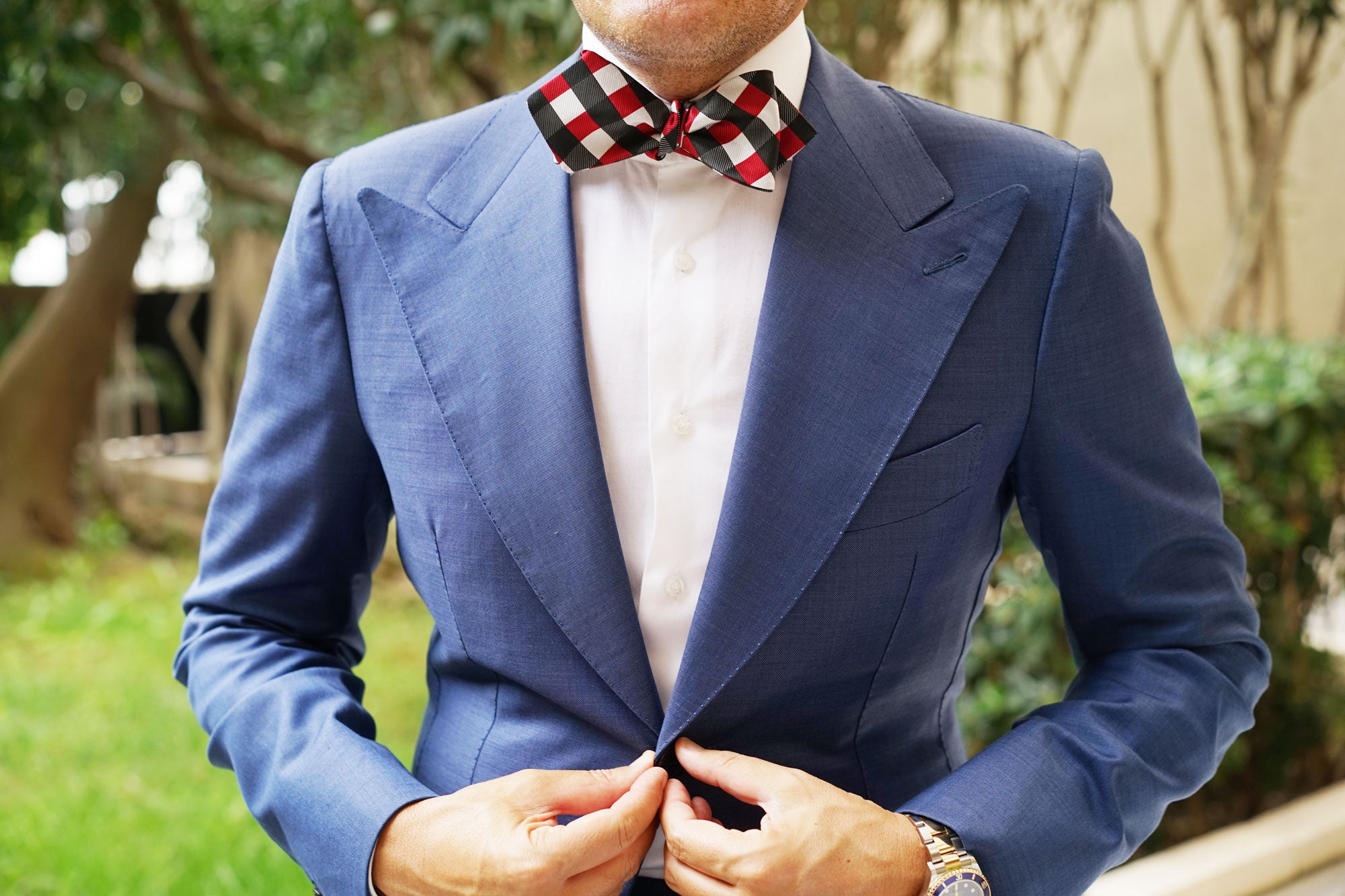 White Black Maroon Checkered Self Tie Diamond Tip Bow Tie