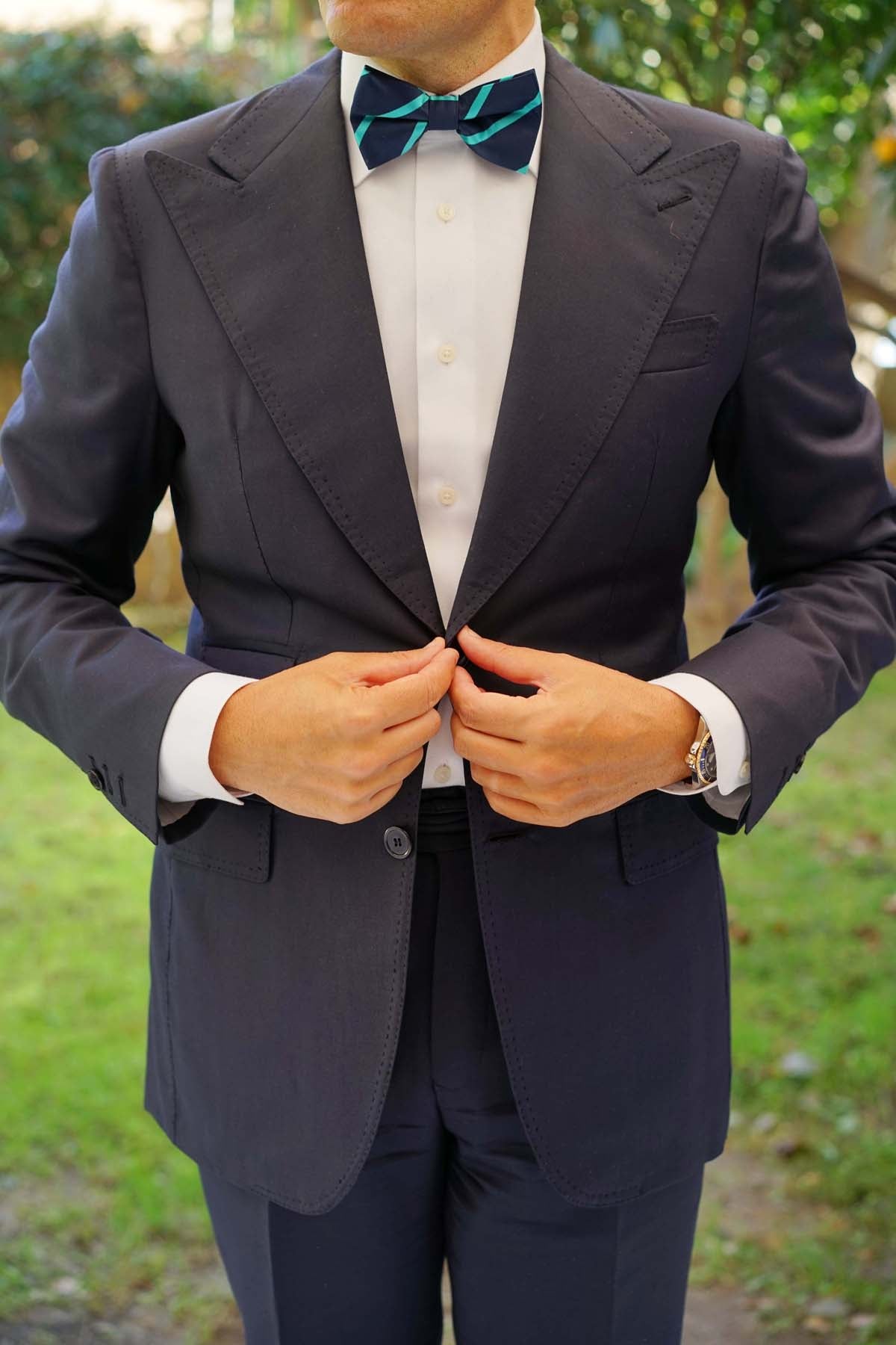 Navy Blue Bow Tie with Striped Light Blue