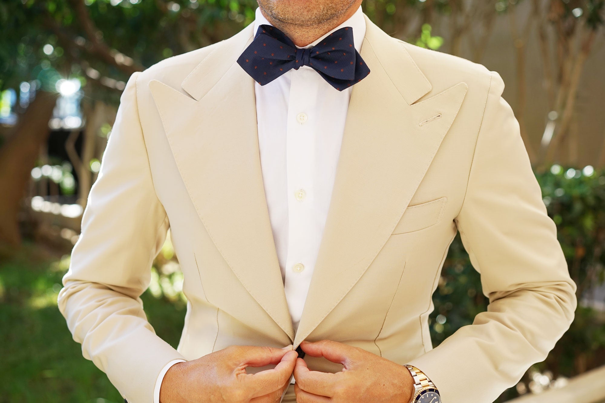 Navy Blue with Brown Polka Dots Self Tie Diamond Tip Bow Tie