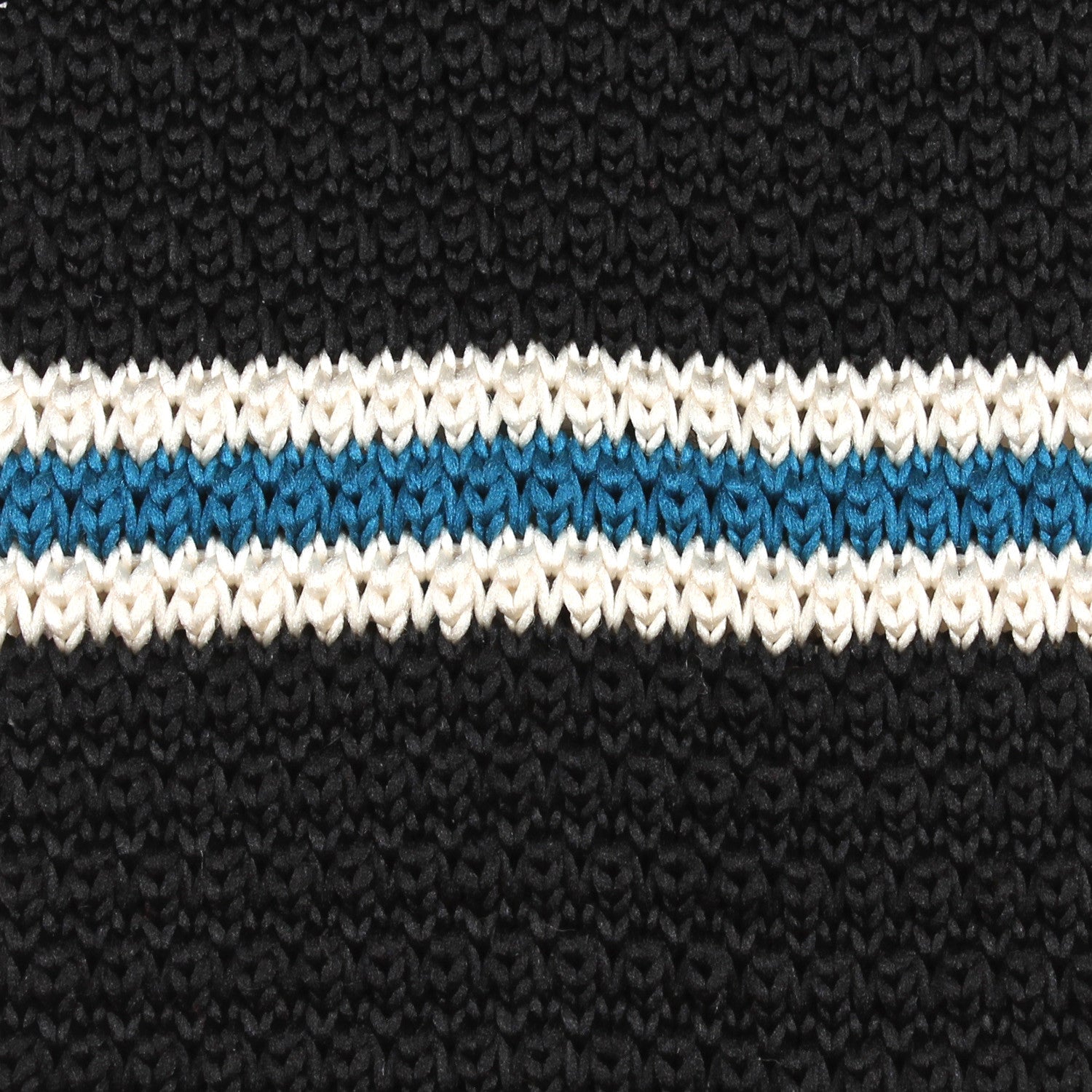 Black Knitted Tie with White & Blue Teal Stripes