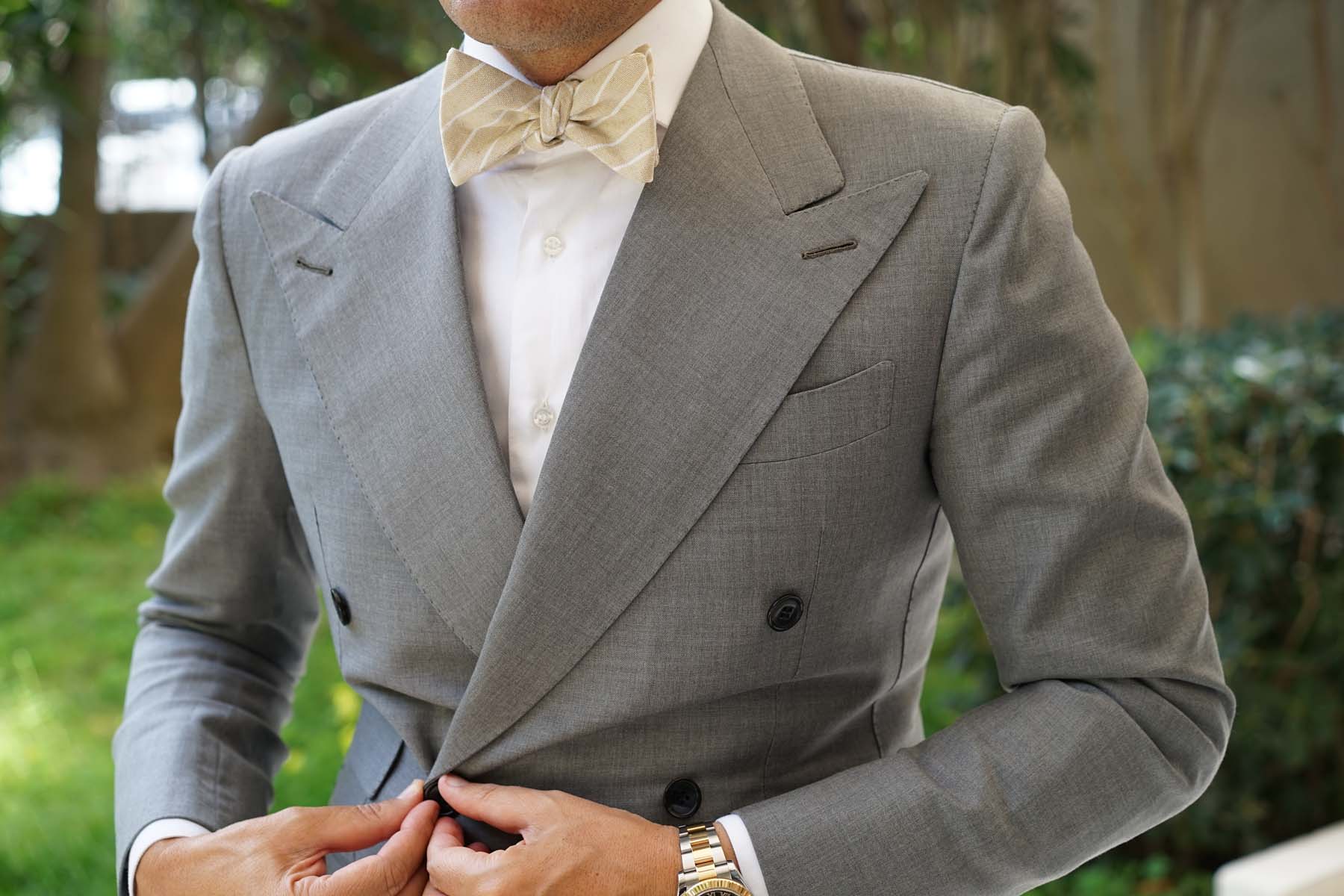 Khaki Linen Pinstripe Self Bow Tie