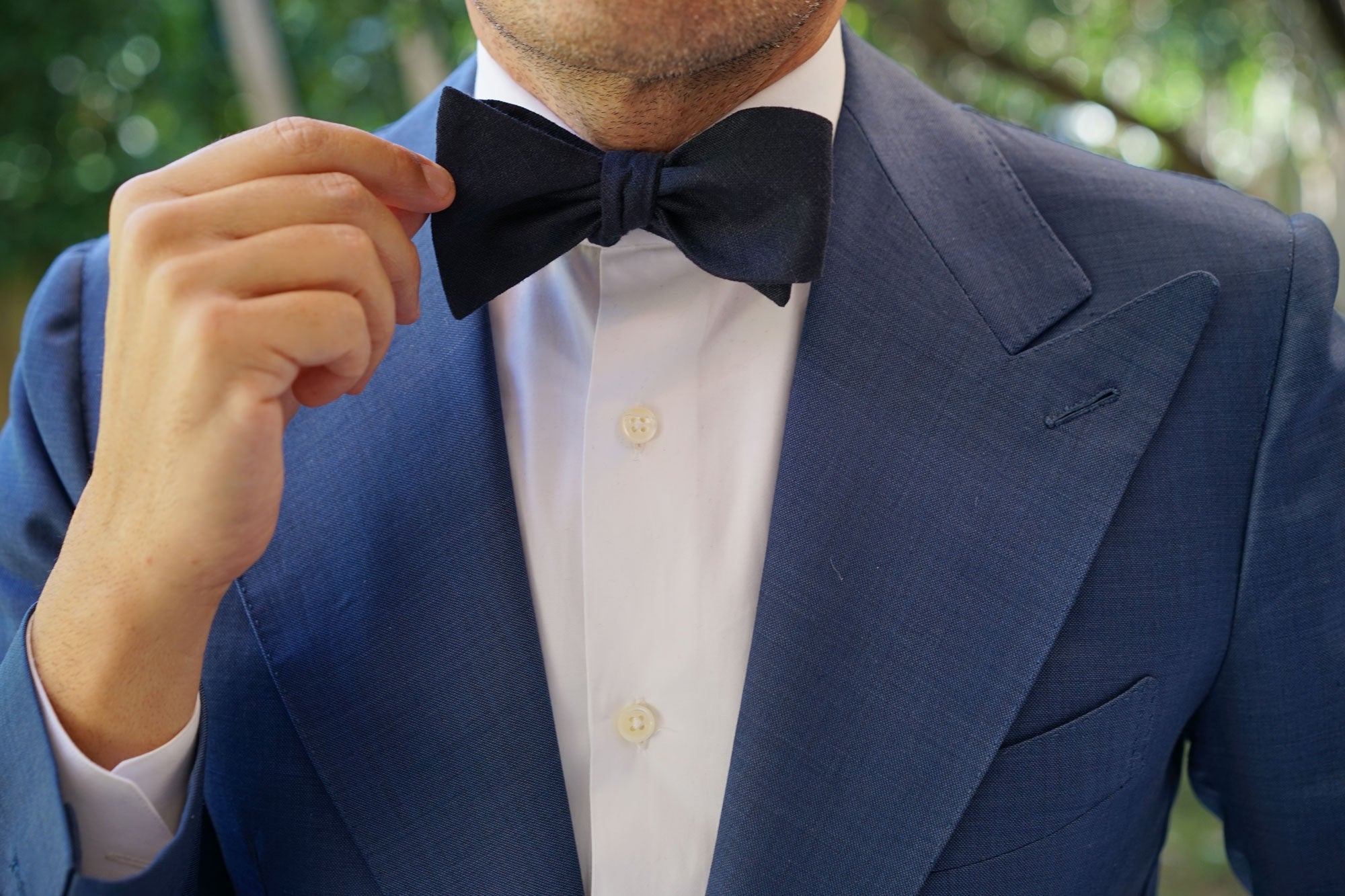 Dark Midnight Blue Linen Self Bow Tie