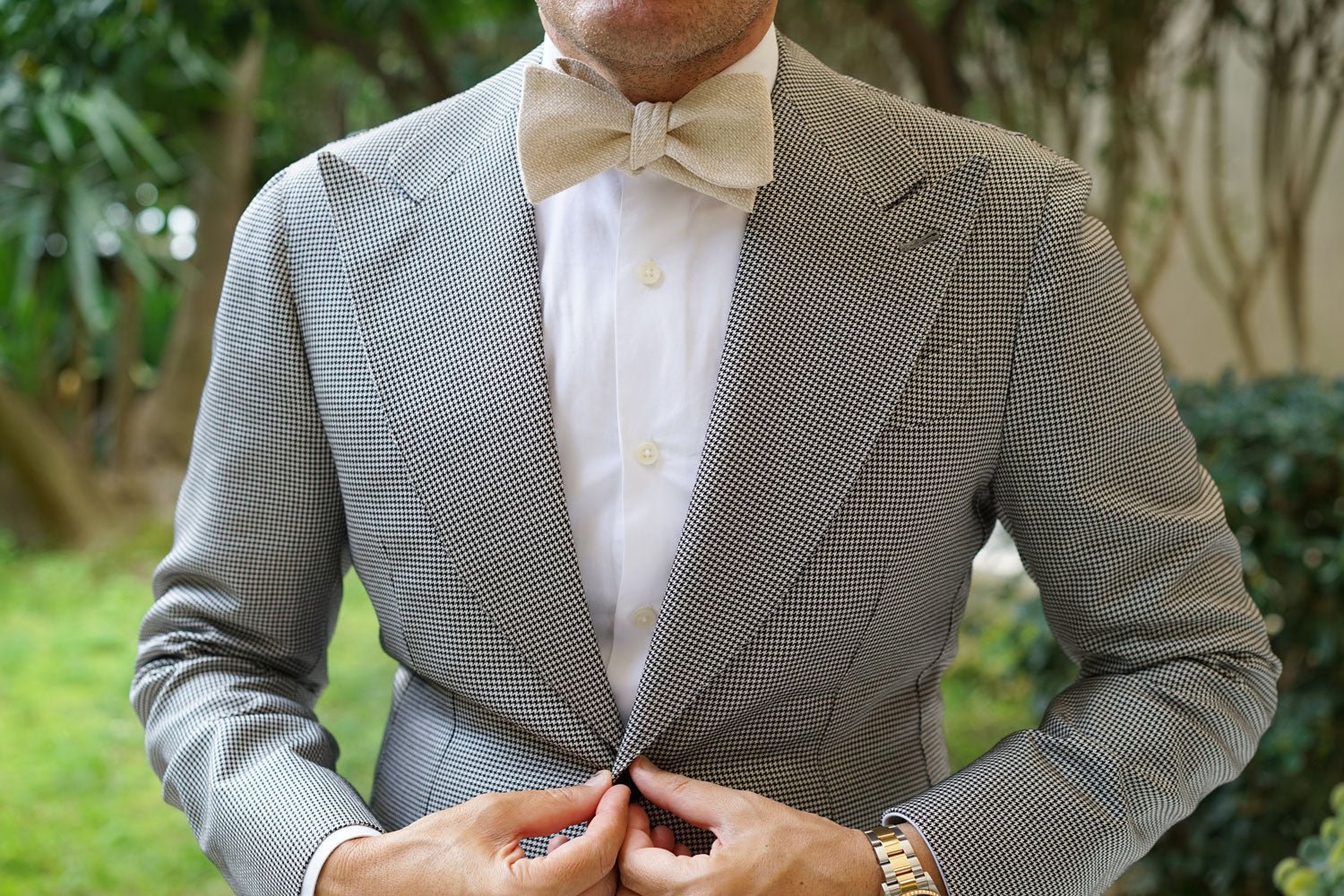 Champagne Basket Weave Linen Self Bow Tie