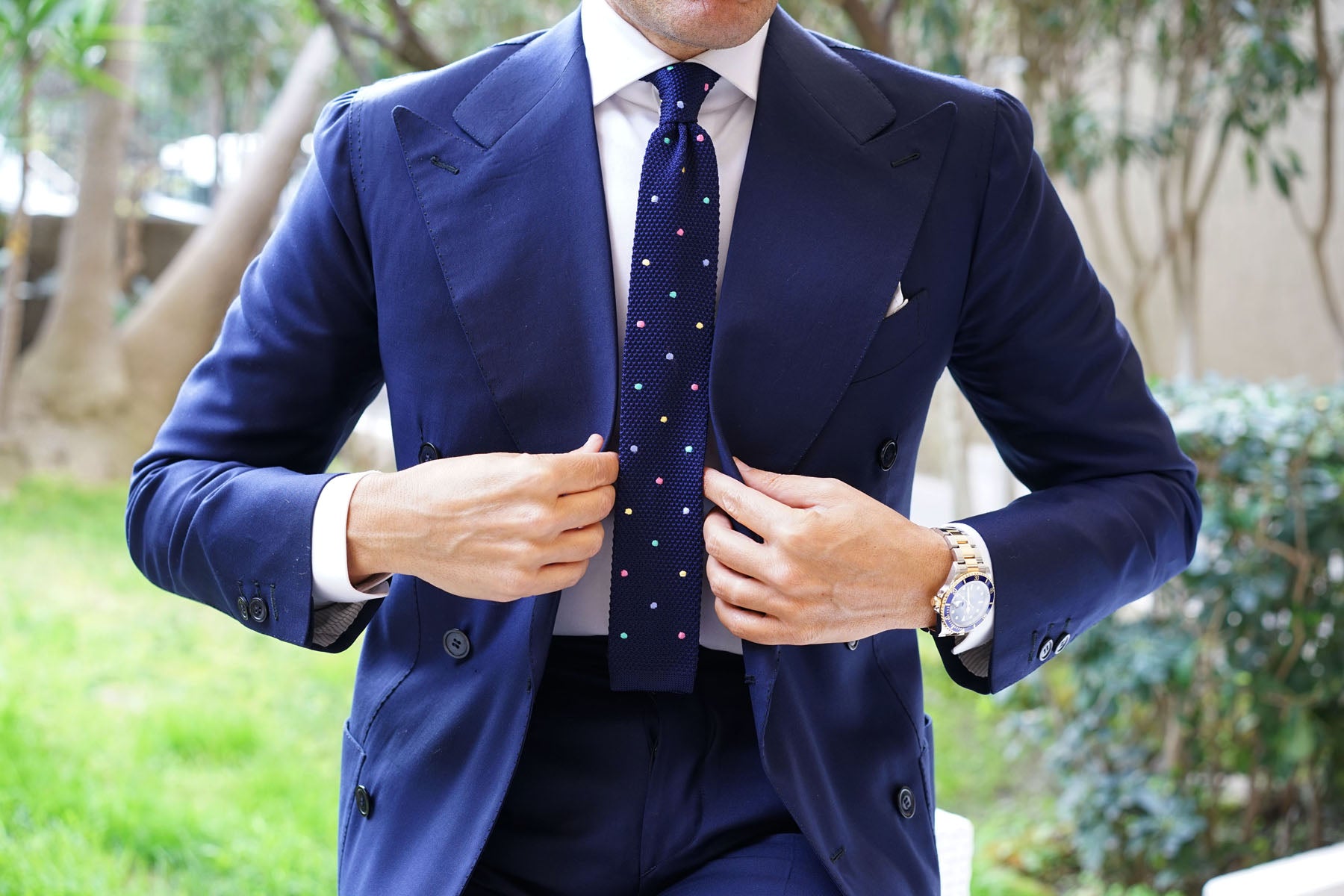 Navy Blue Knitted Tie with Green Blue Yellow & Pink Polka Dots