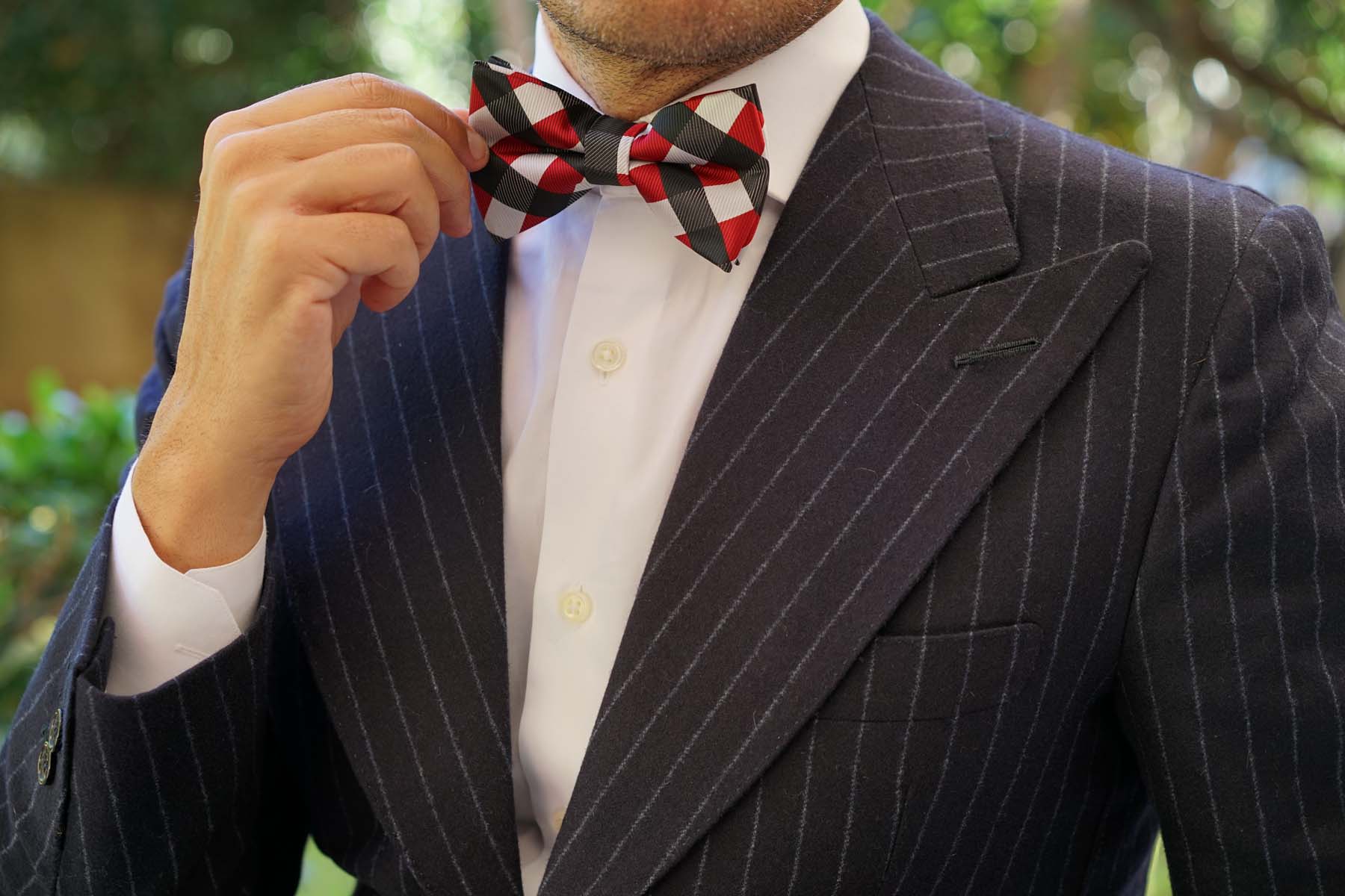 White Black Maroon Checkered Bow Tie