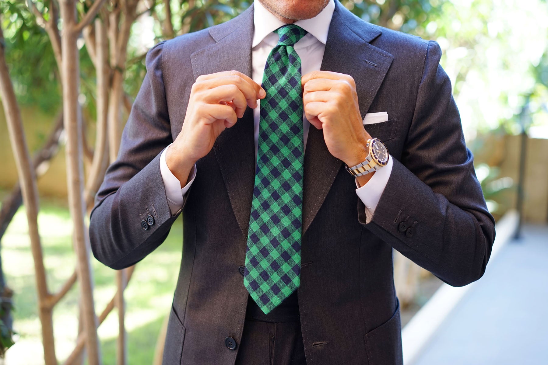 Raw Green Gingham Linen Tie