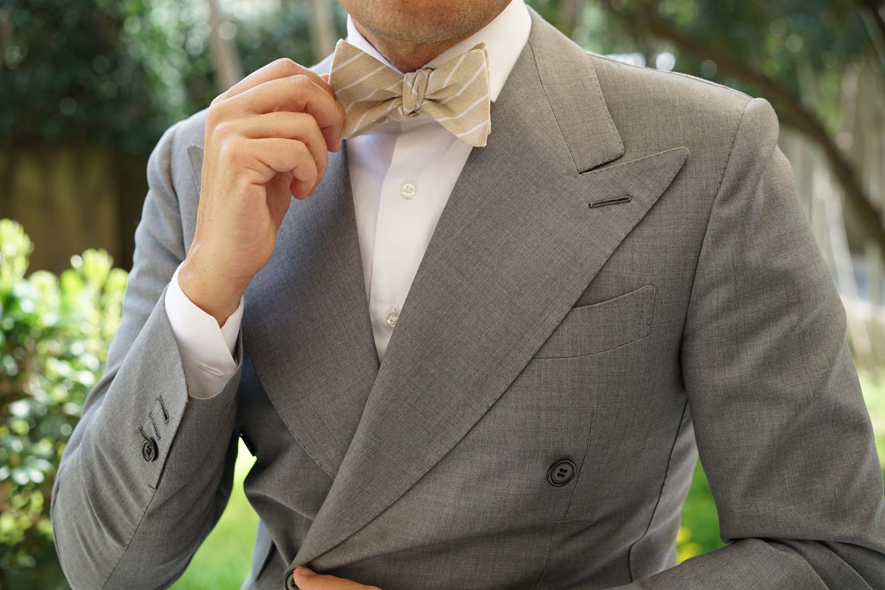 Khaki Linen Pinstripe Self Bow Tie