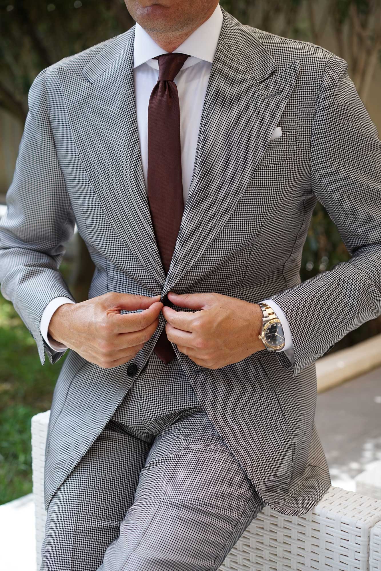 Dark Brown Basket Weave Skinny Tie