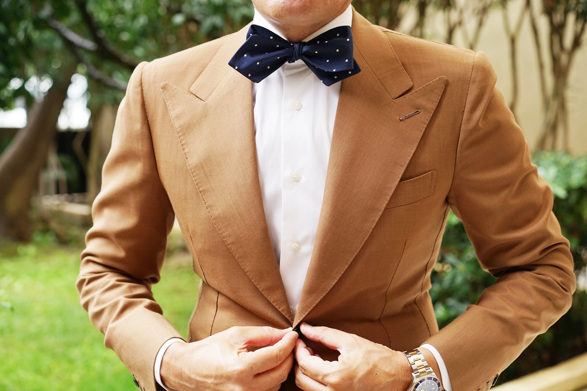 Navy Blue with White Polkadots Textured Self Tie Diamond Tip Bow Tie