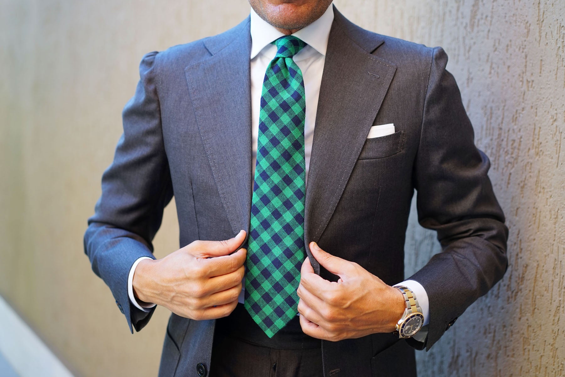 Raw Green Gingham Linen Tie