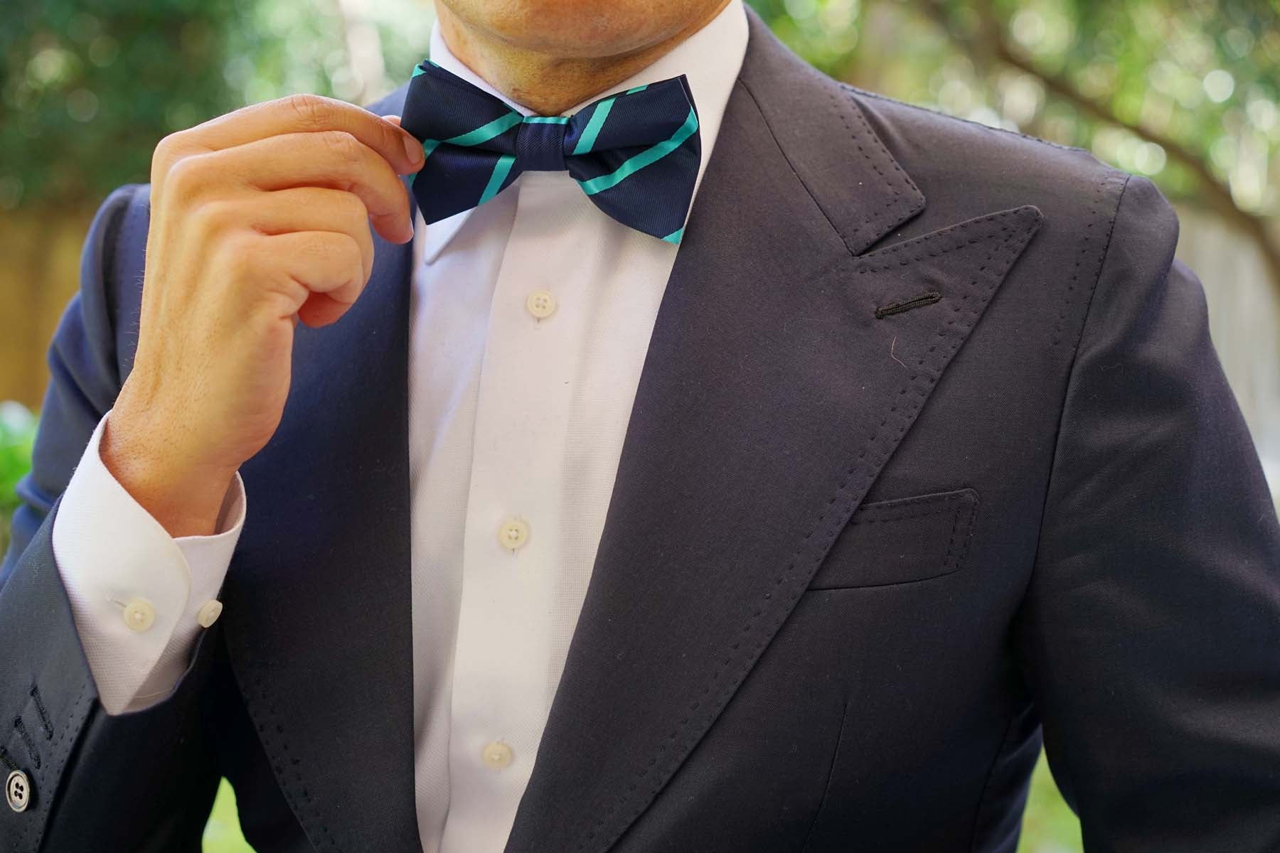 Navy Blue Bow Tie with Striped Light Blue