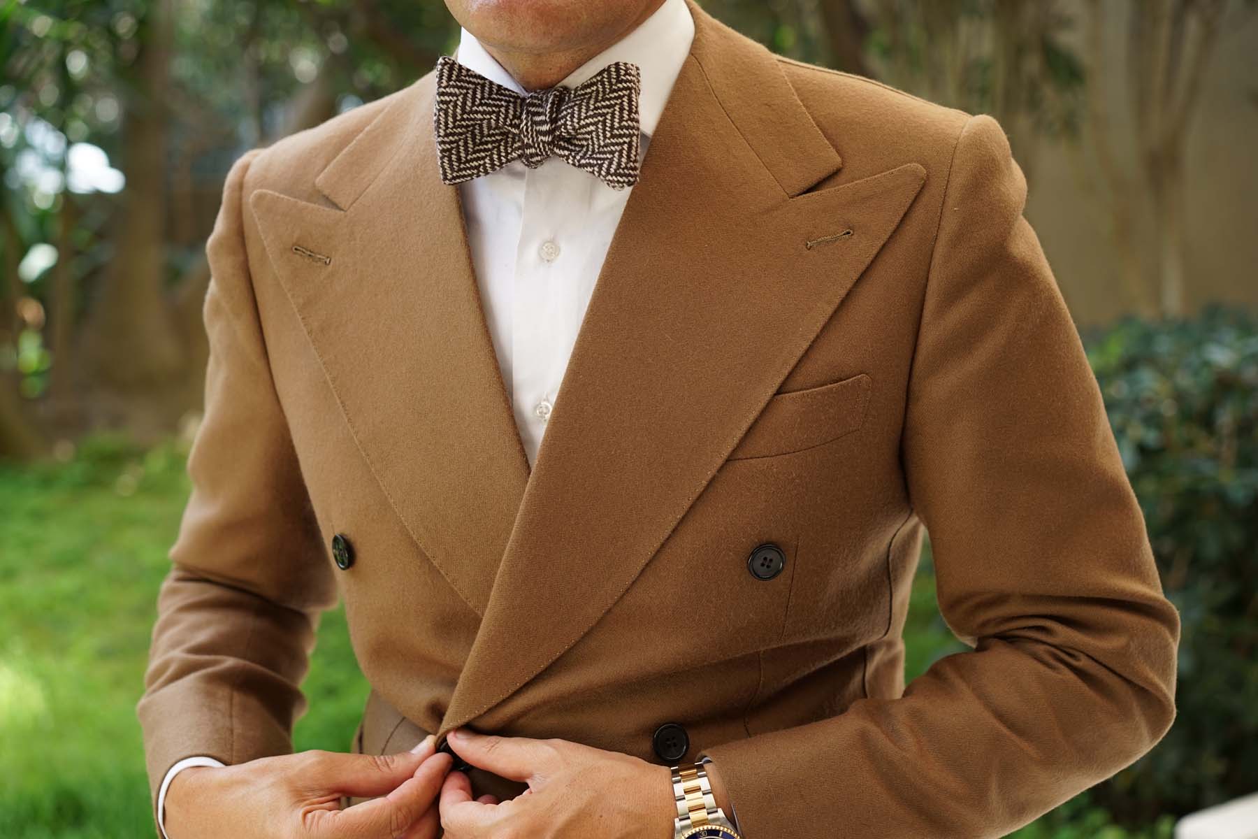 Brown Chevron Wool Self Bow Tie