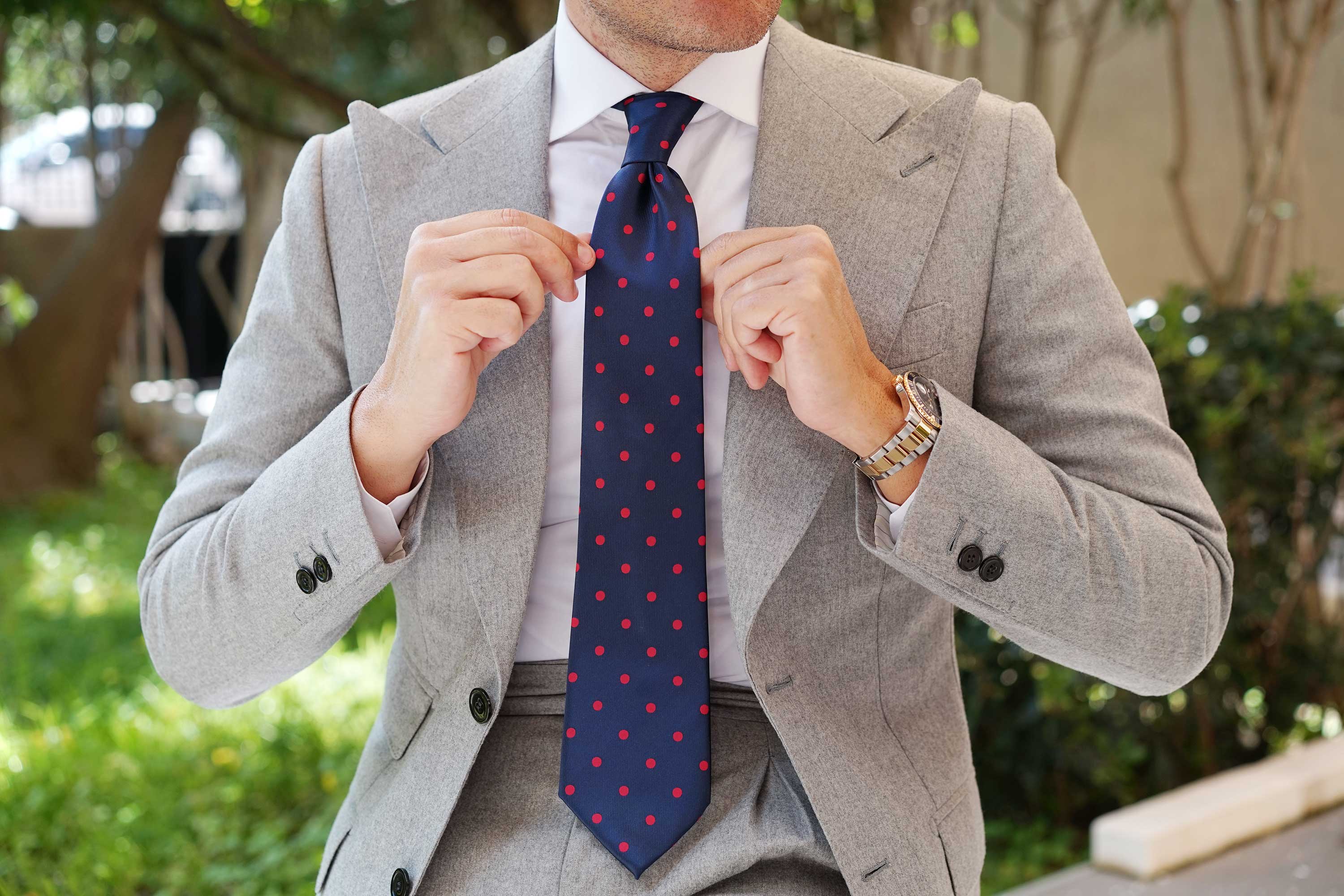 Navy Blue Tie with Red Polka Dots