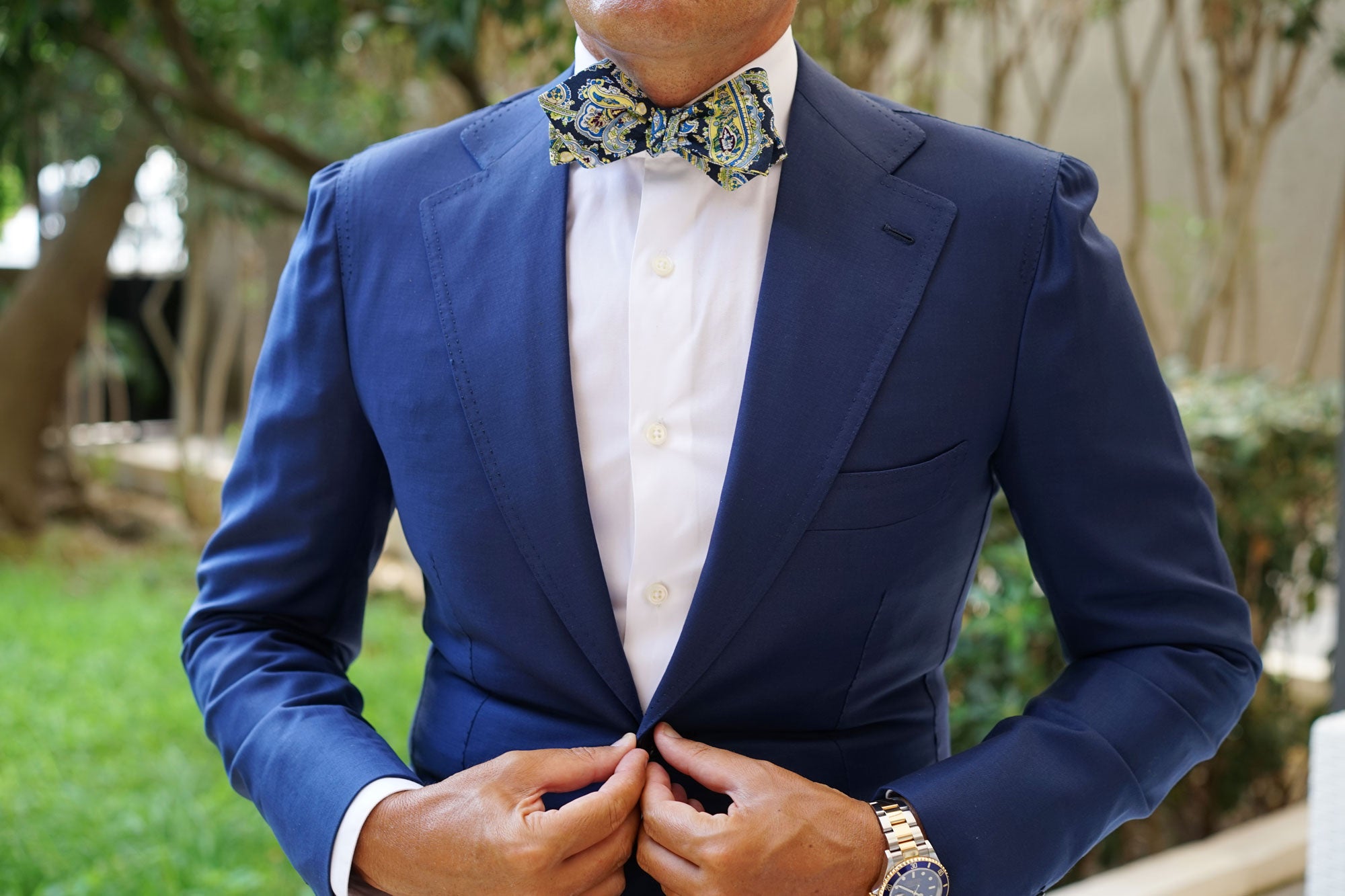 Vivara Yellow on Blue Paisley Diamond Self Bow Tie