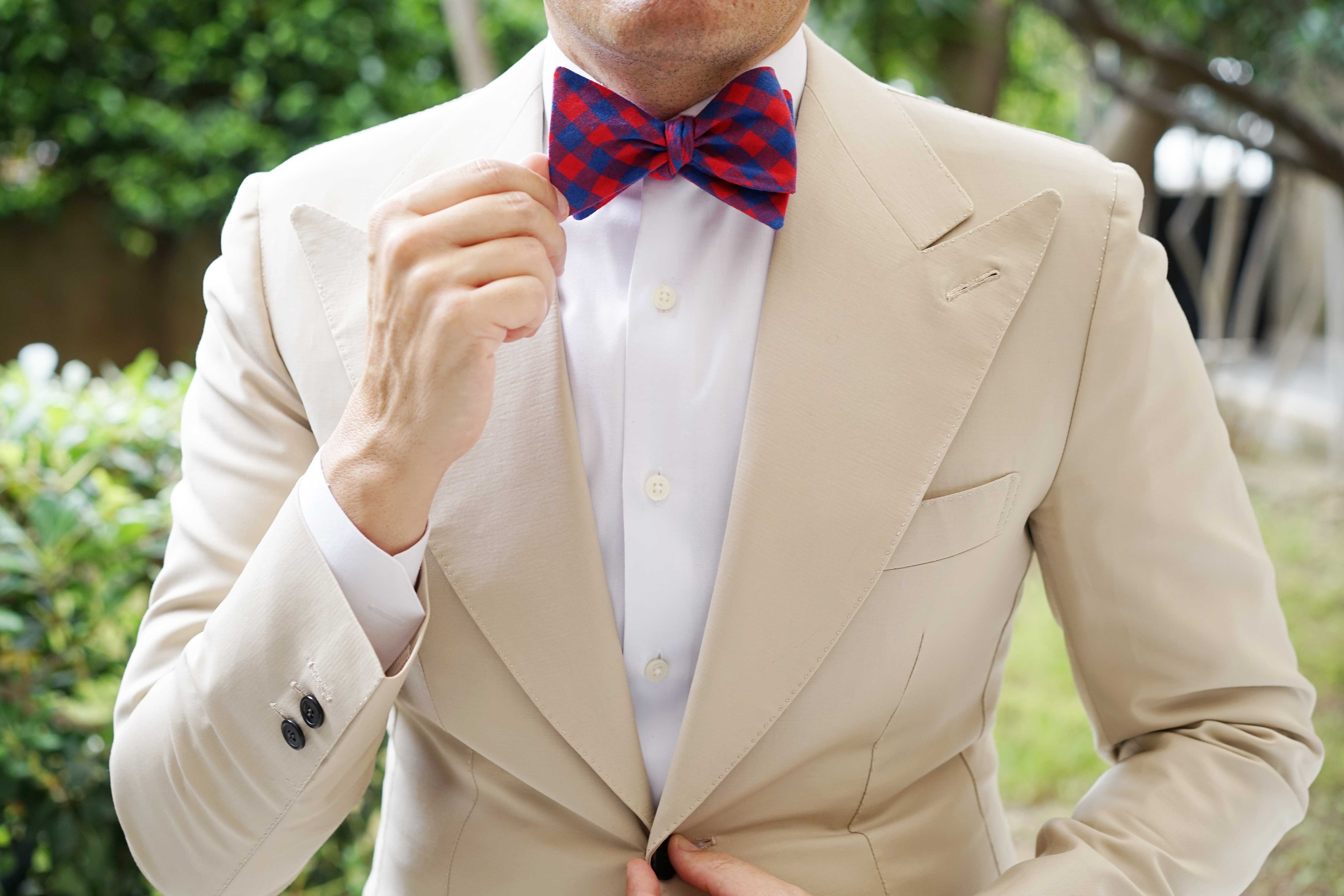 Blue & Red Gingham Self Bow Tie