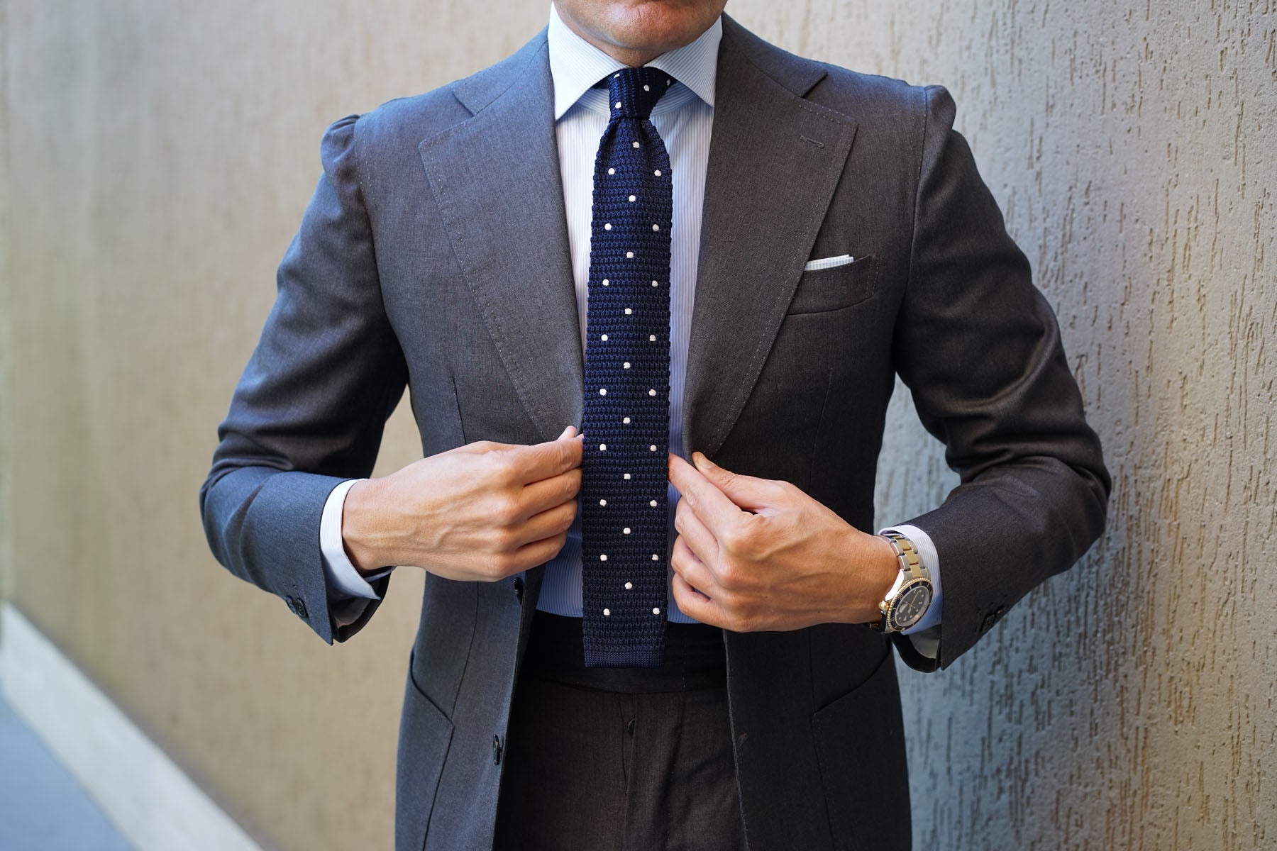 Navy Blue Knitted Tie with White Polka Dots