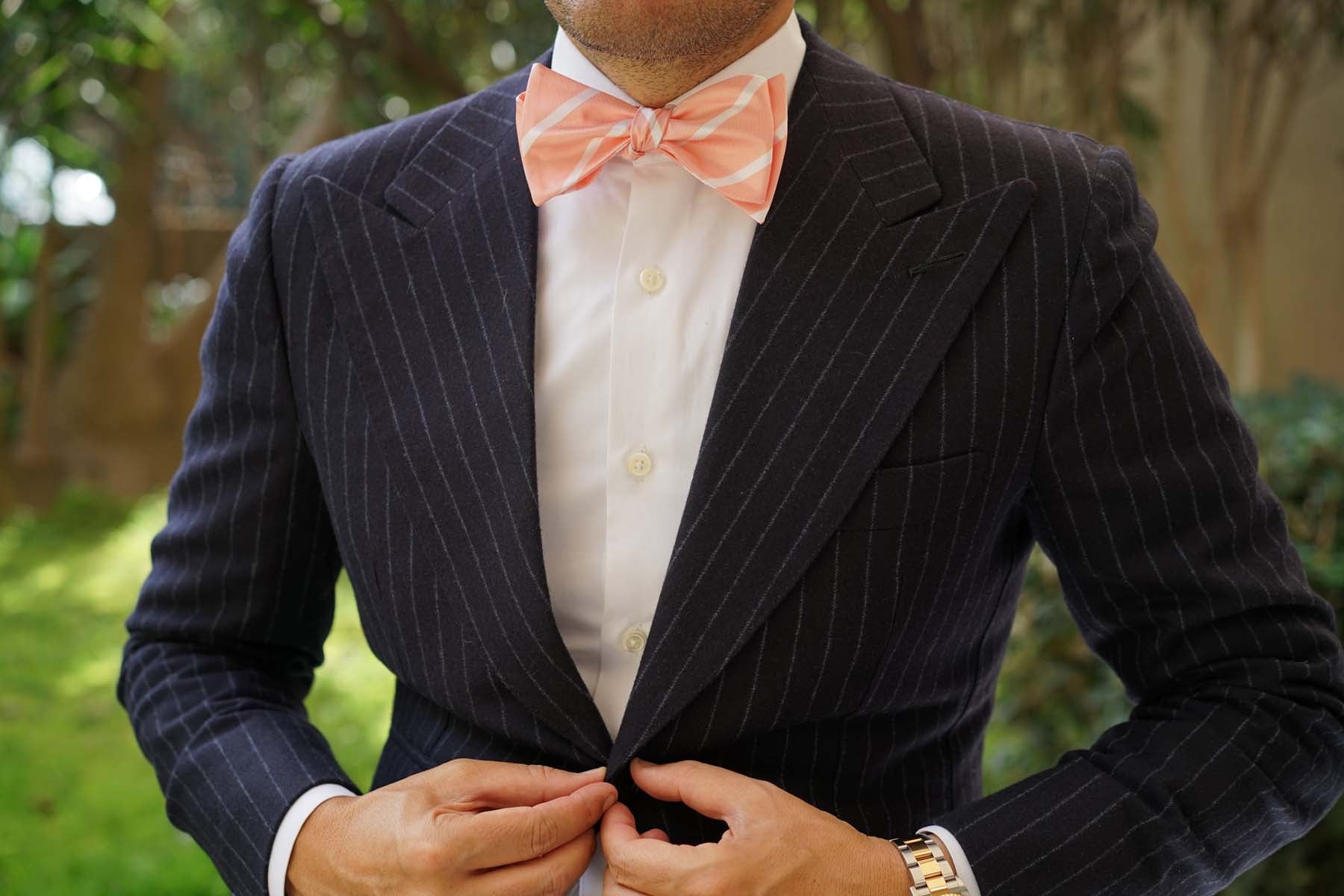 Peach Striped Self Bow Tie