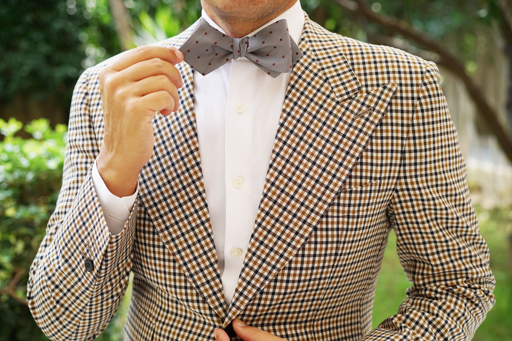 Grey with Brown Polka Dots Self Tie Diamond Tip Bow Tie