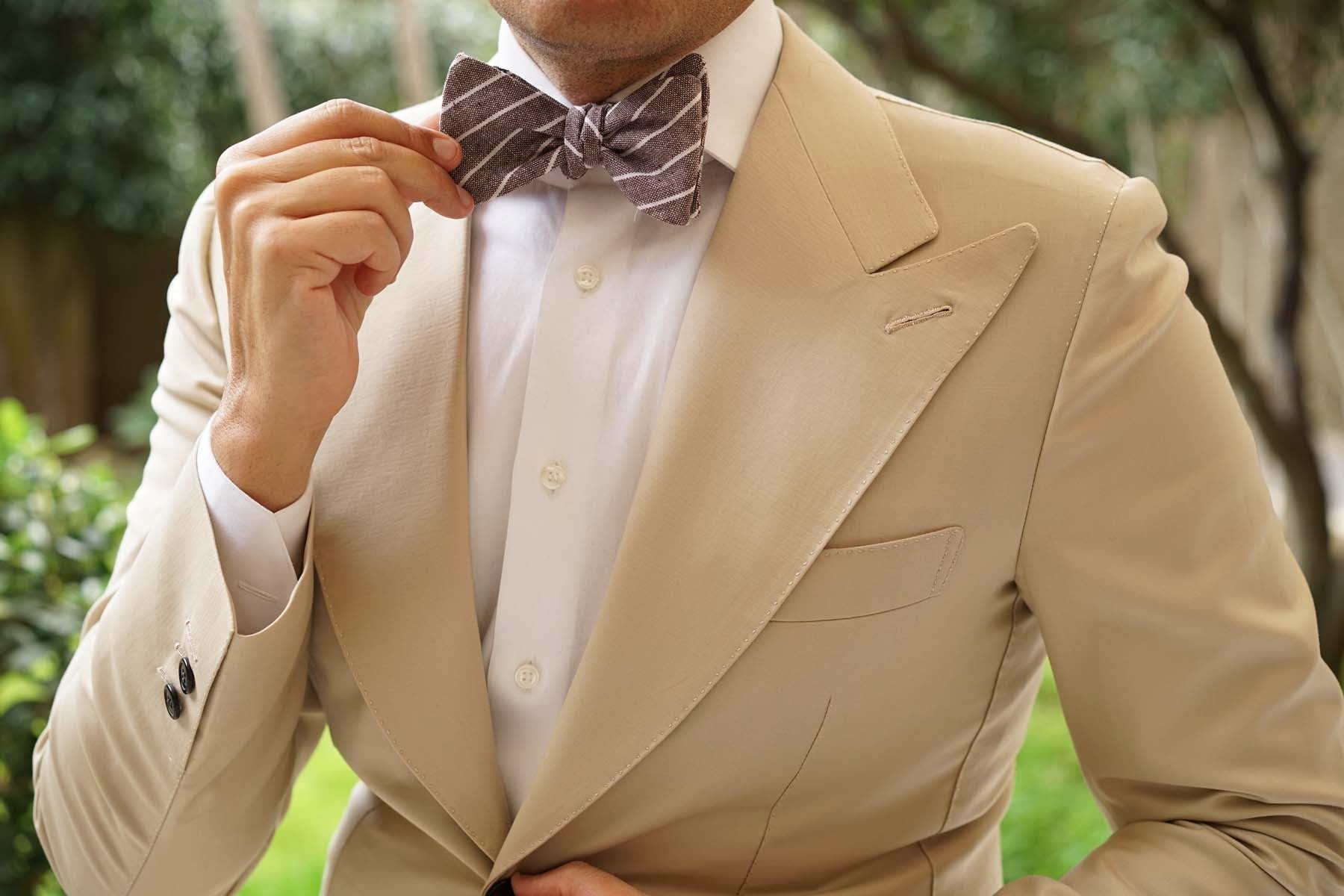 Mocha Brown Pinstripe Linen Self Bow Tie