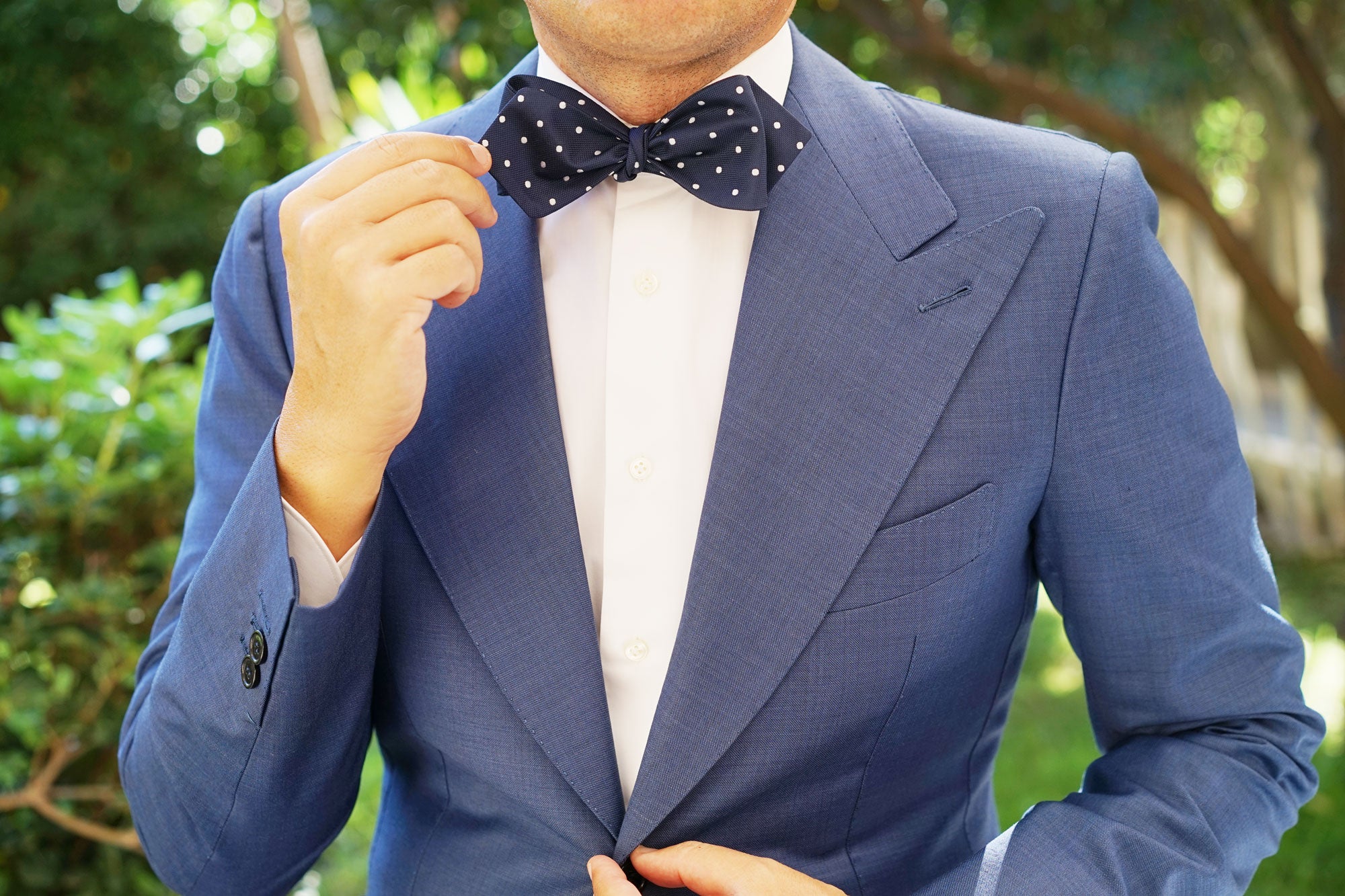 Navy Blue with White Polka Dots Self Tie Diamond Tip Bow Tie