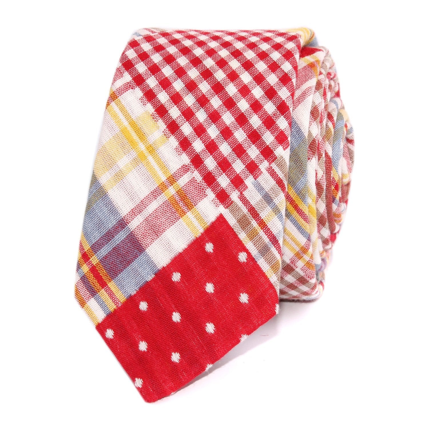 Plaid Red Gingham Cotton Polka Dot Skinny Tie