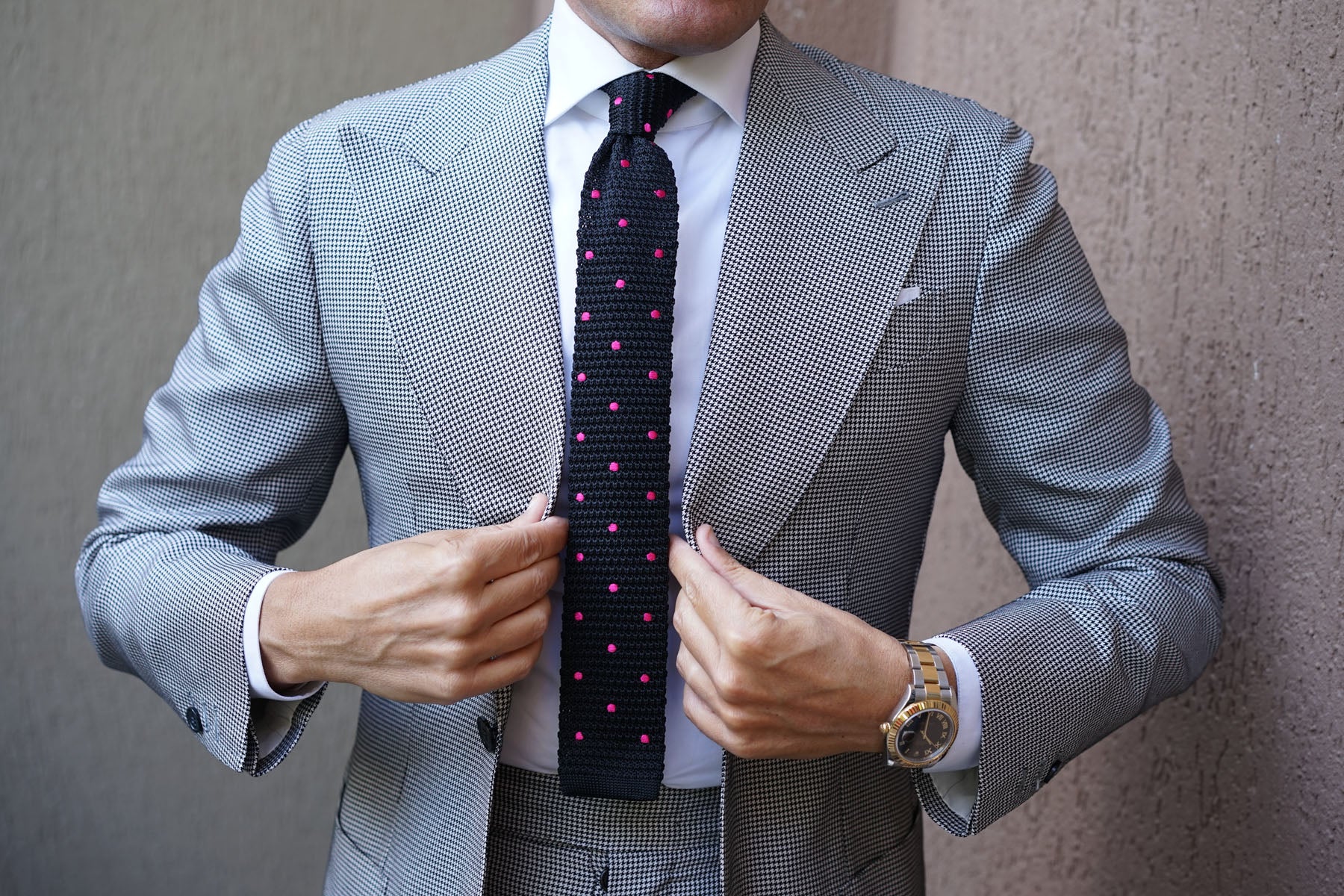 DeVito Black with Pink Polkadots Knitted Tie