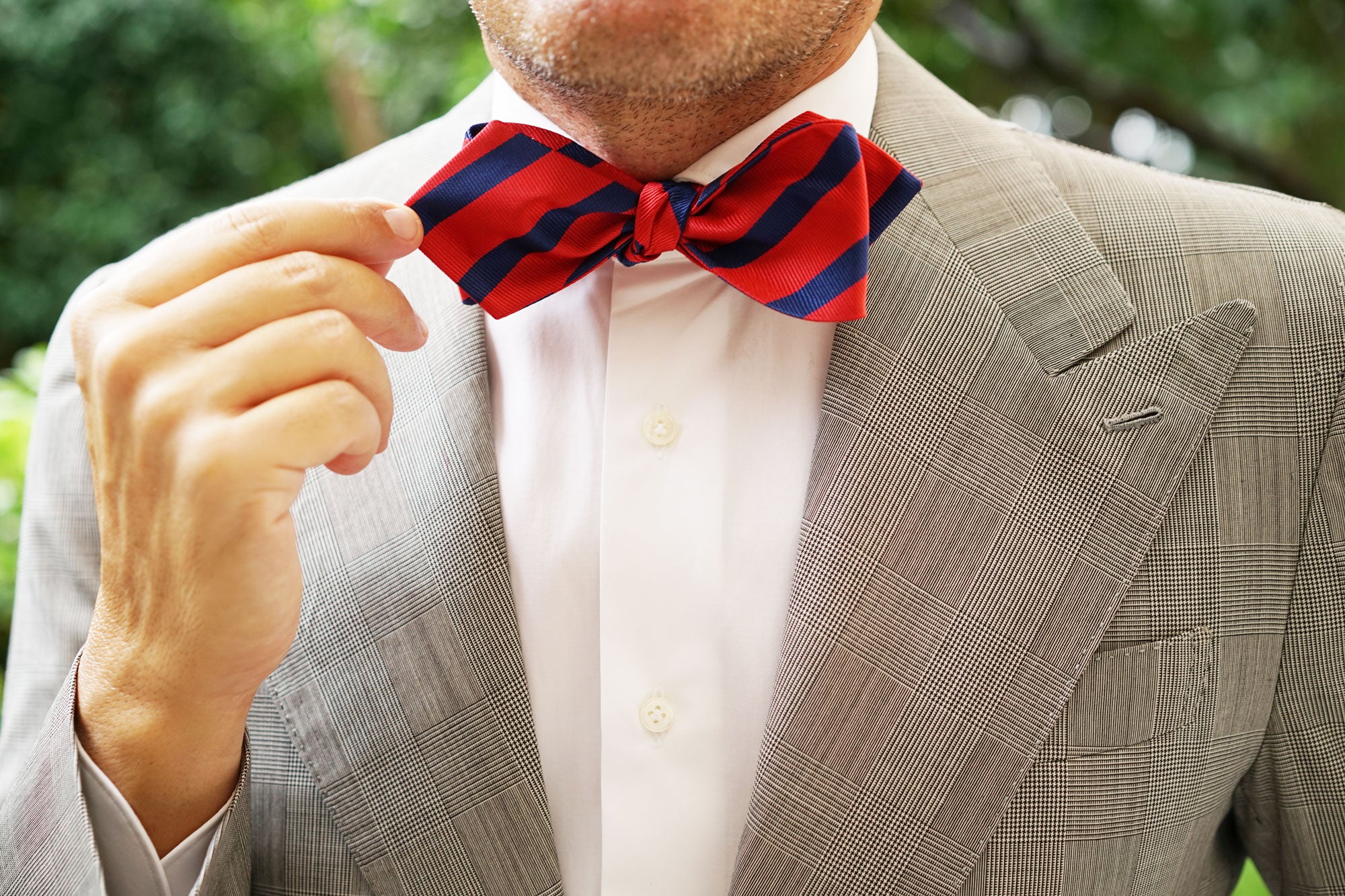 Red and Navy Blue Striped Self Tie Diamond Tip Bow Tie