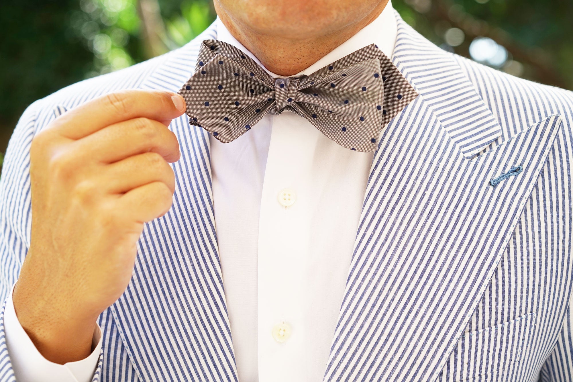 Grey with Oxford Navy Blue Polka Dots Self Tie Diamond Tip Bow Tie