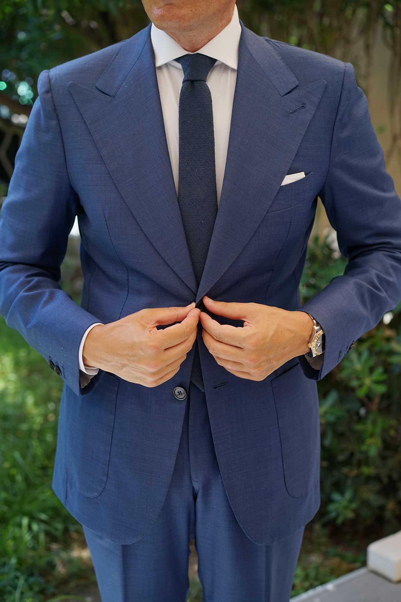 Navy Blue Basket Weave Linen Skinny Tie