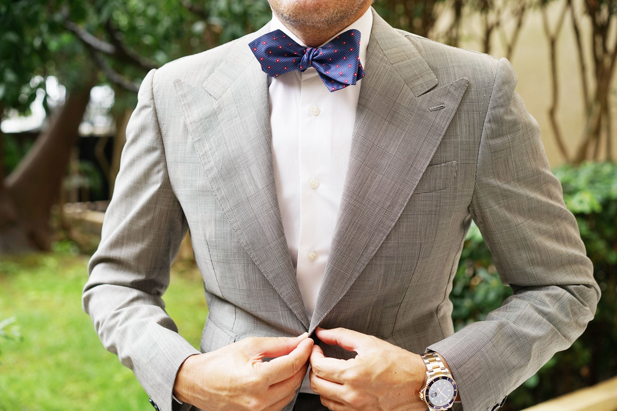 Navy Blue with Red Pattern Self Tie Diamond Tip Bow Tie