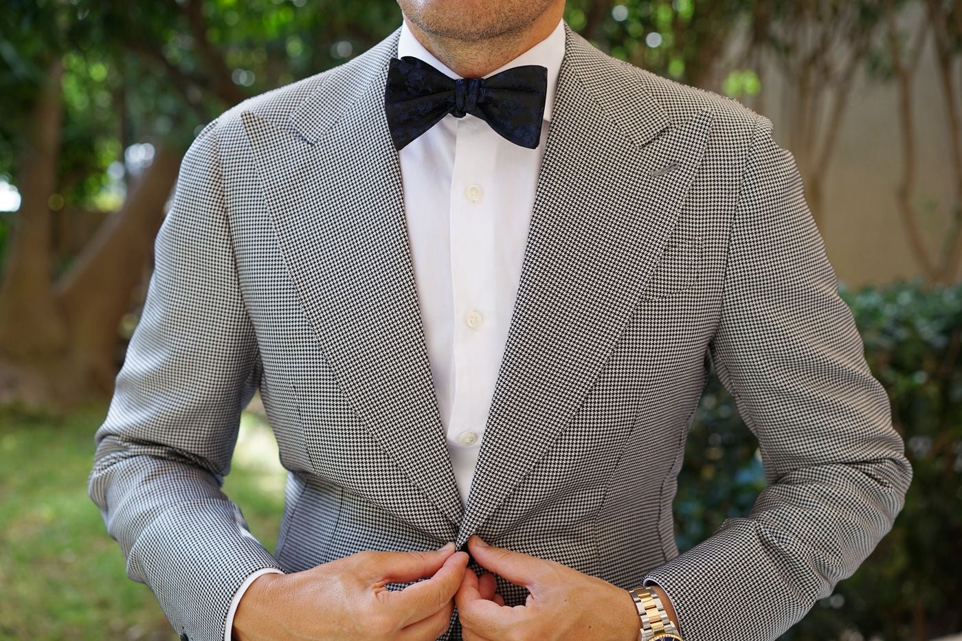 Navy Blue on Black Vine Floral Self Bow Tie