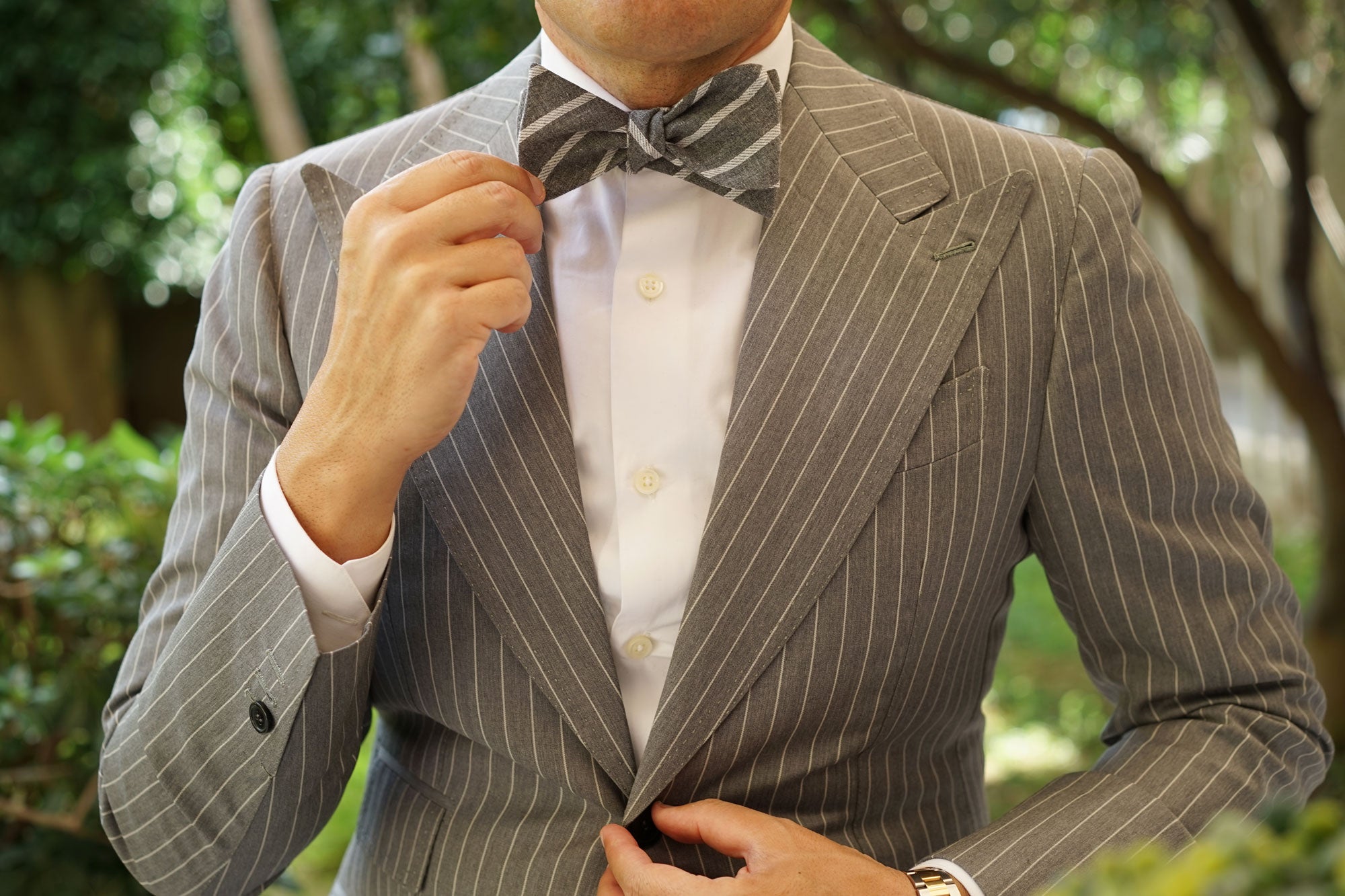 Galileo Pewter Grey Striped Linen Self Bow Tie