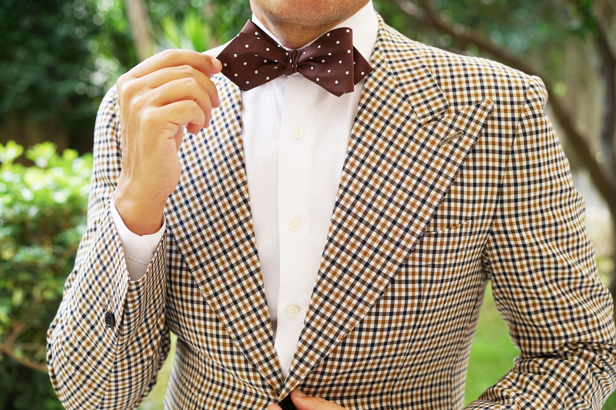 Brown with White Polka Dots Self Tie Diamond Tip Bow Tie