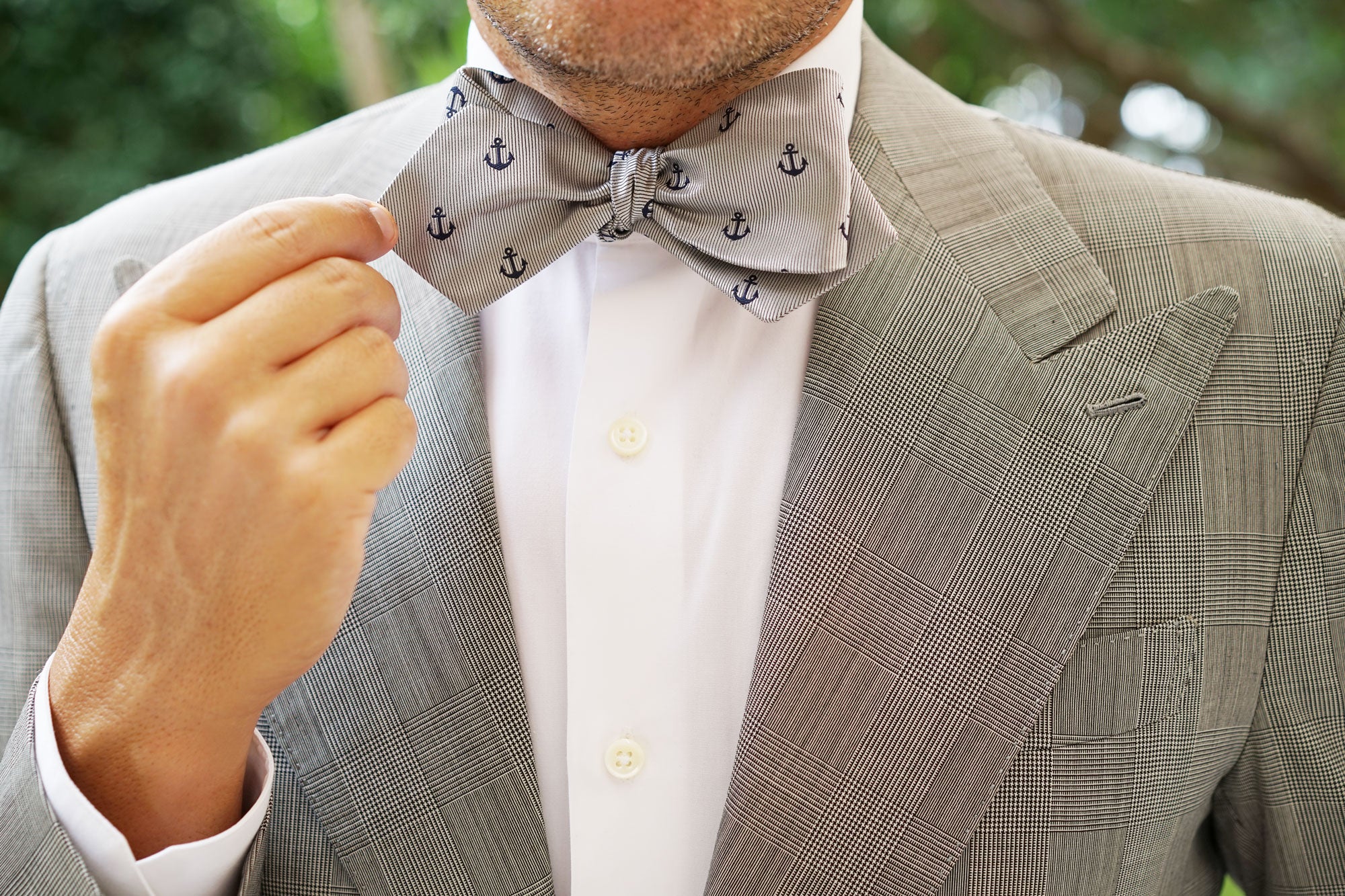 The OTAA Light Grey with Navy Blue Anchors Self Tie Diamond Tip Bow Tie