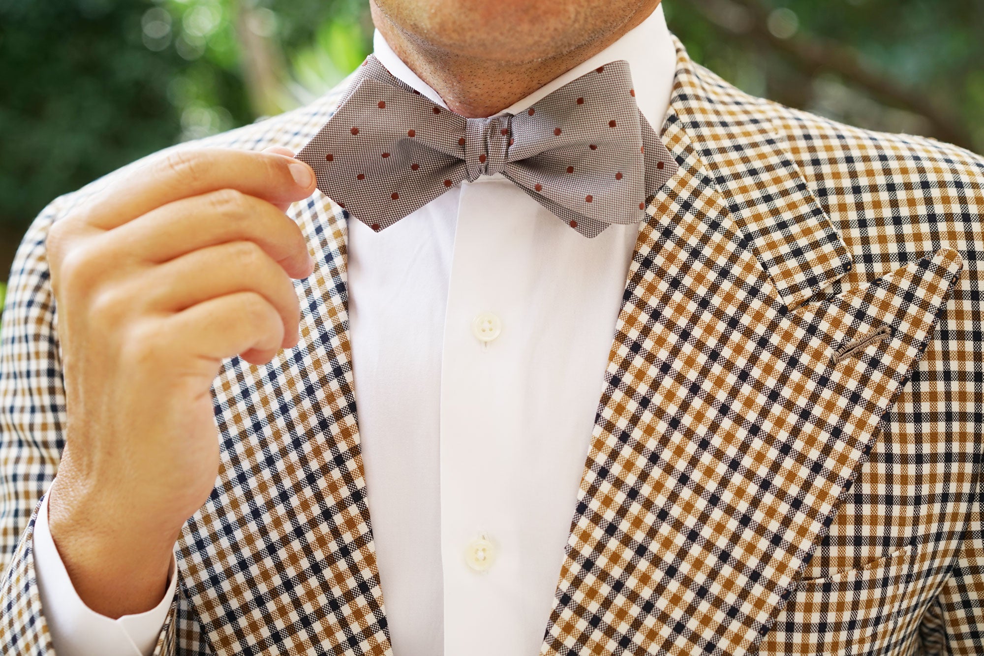 Grey with Brown Polka Dots Self Tie Diamond Tip Bow Tie