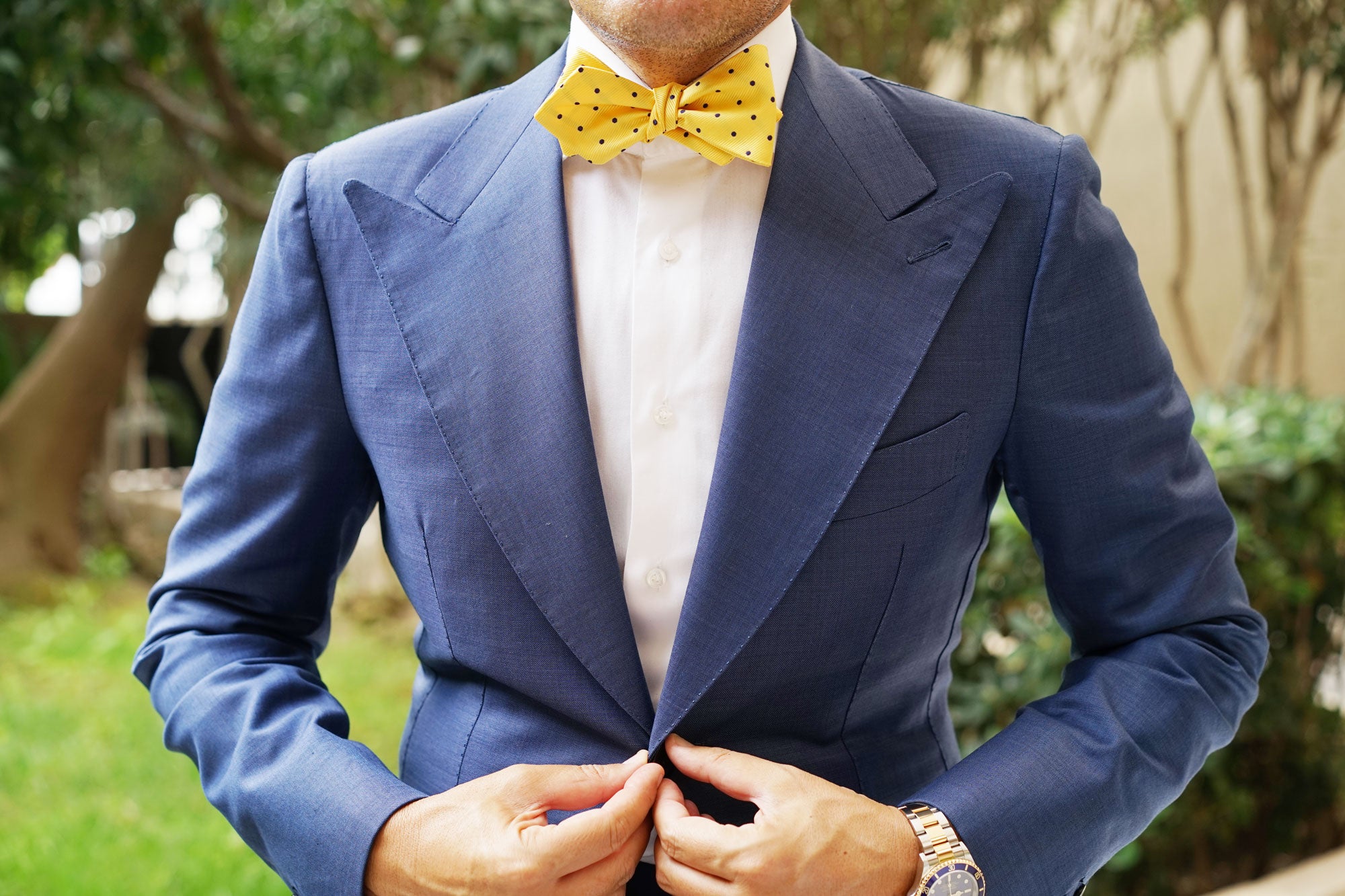 Yellow with Polka Dots Self Tie Diamond Tip Bow Tie