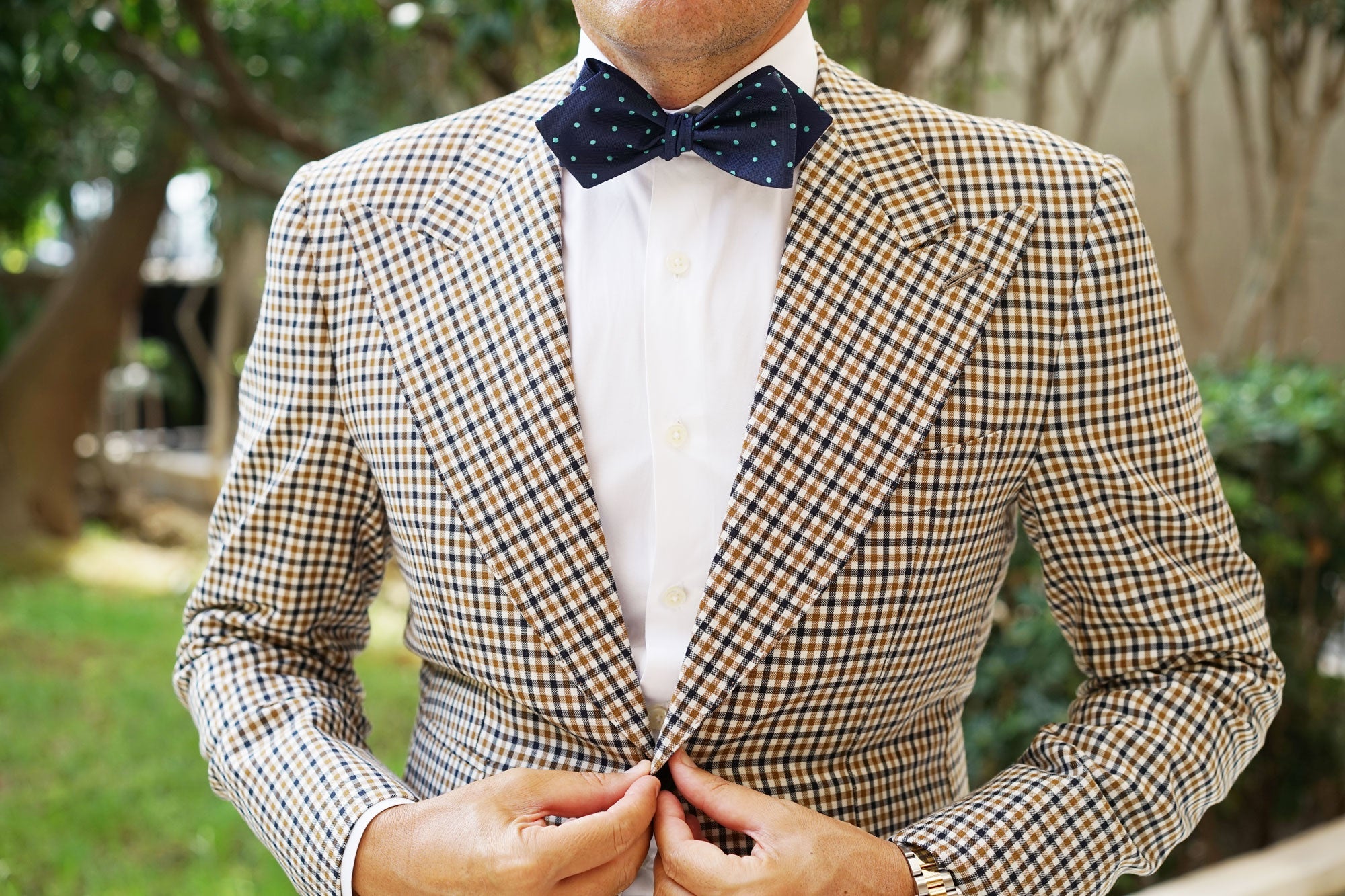 Navy Blue with Mint Green Polka Dots Self Tie Diamond Tip Bow Tie