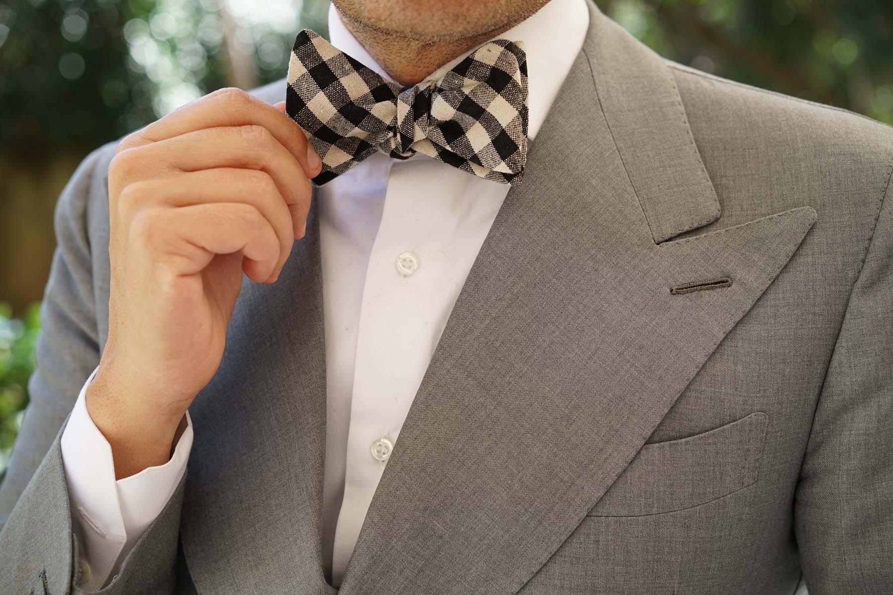 Khaki & Black Gingham Linen Self Bow Tie