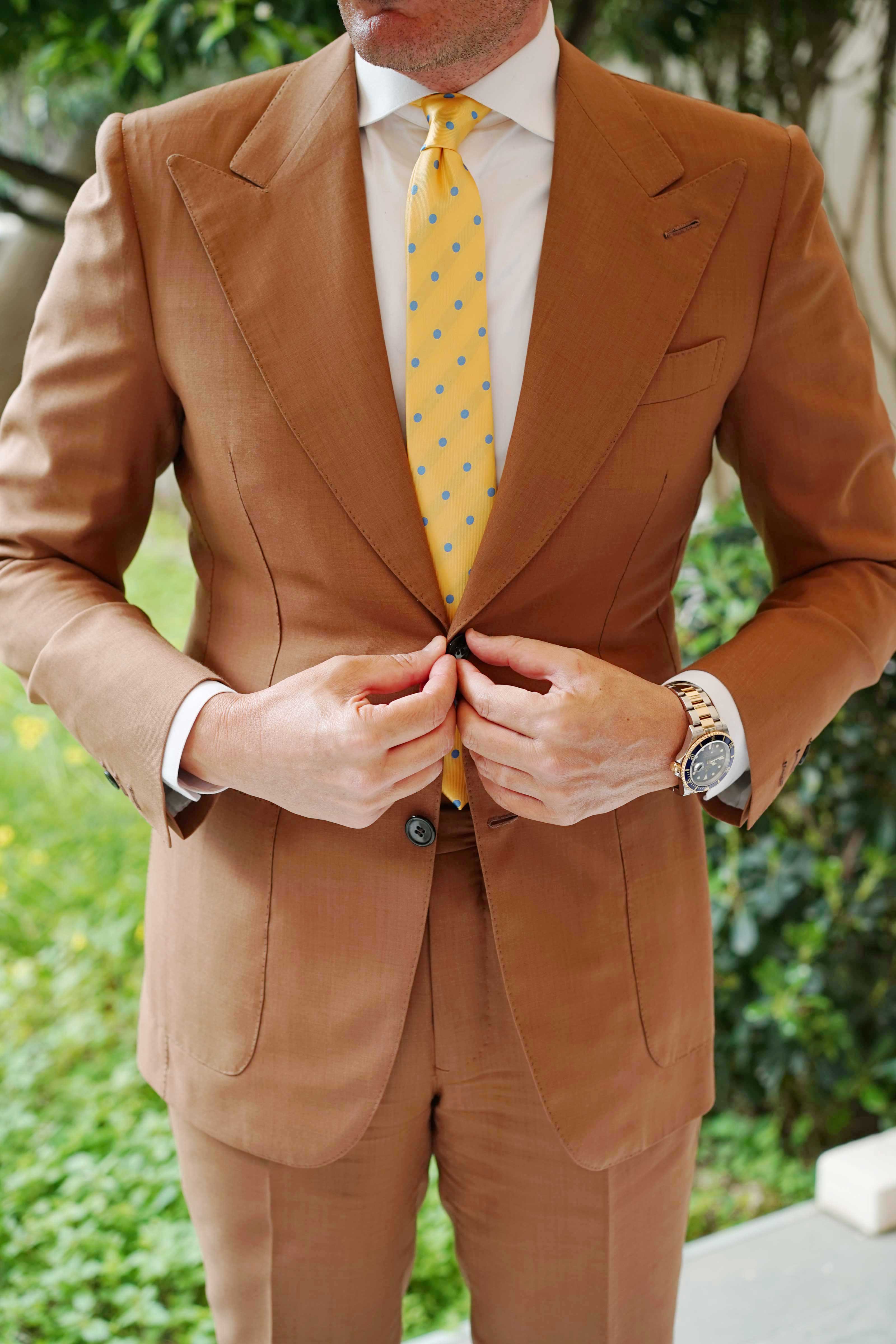 Yellow Skinny Tie with Light Blue Polka Dots