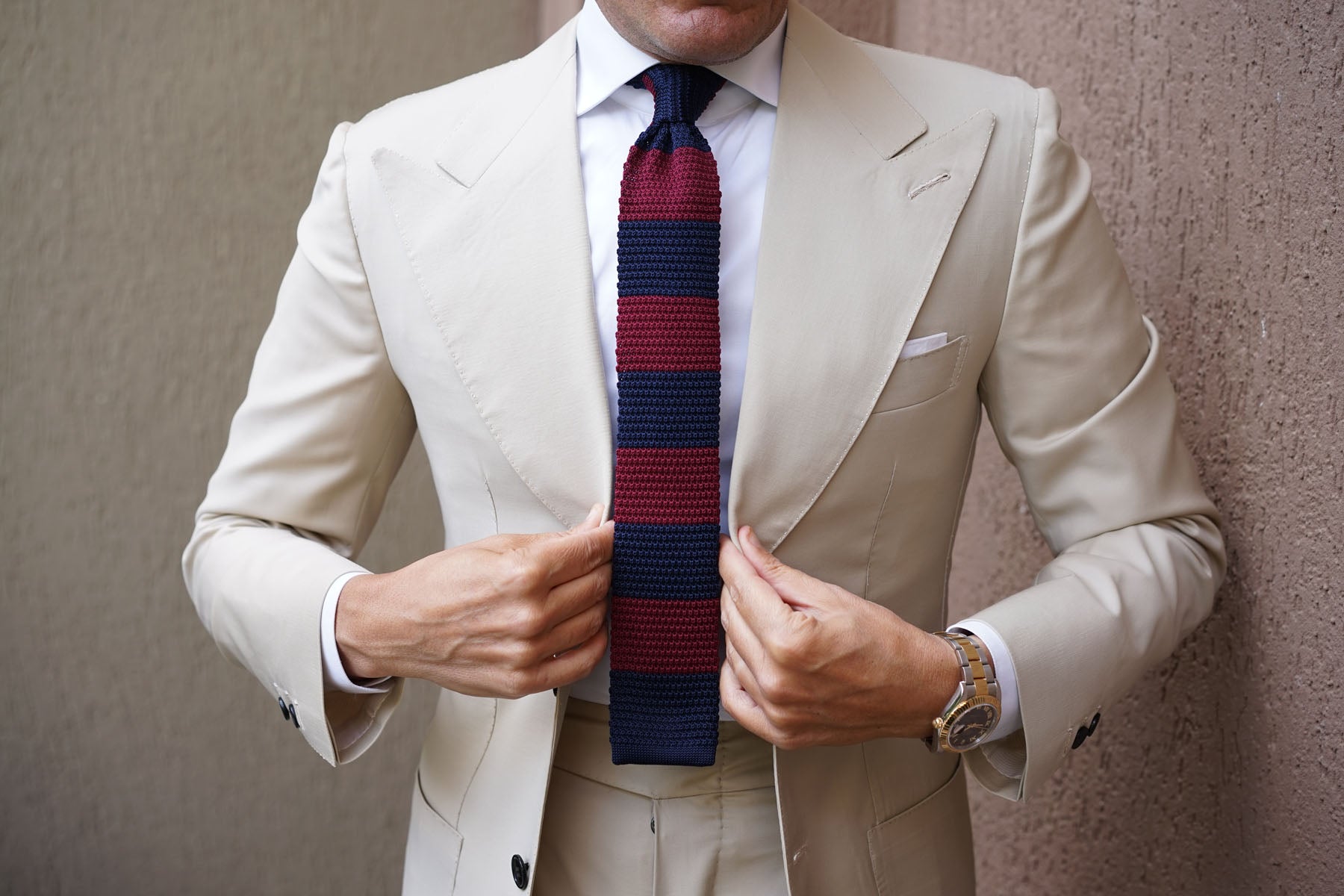 Lemmon Navy Blue & Maroon Striped Knitted Tie