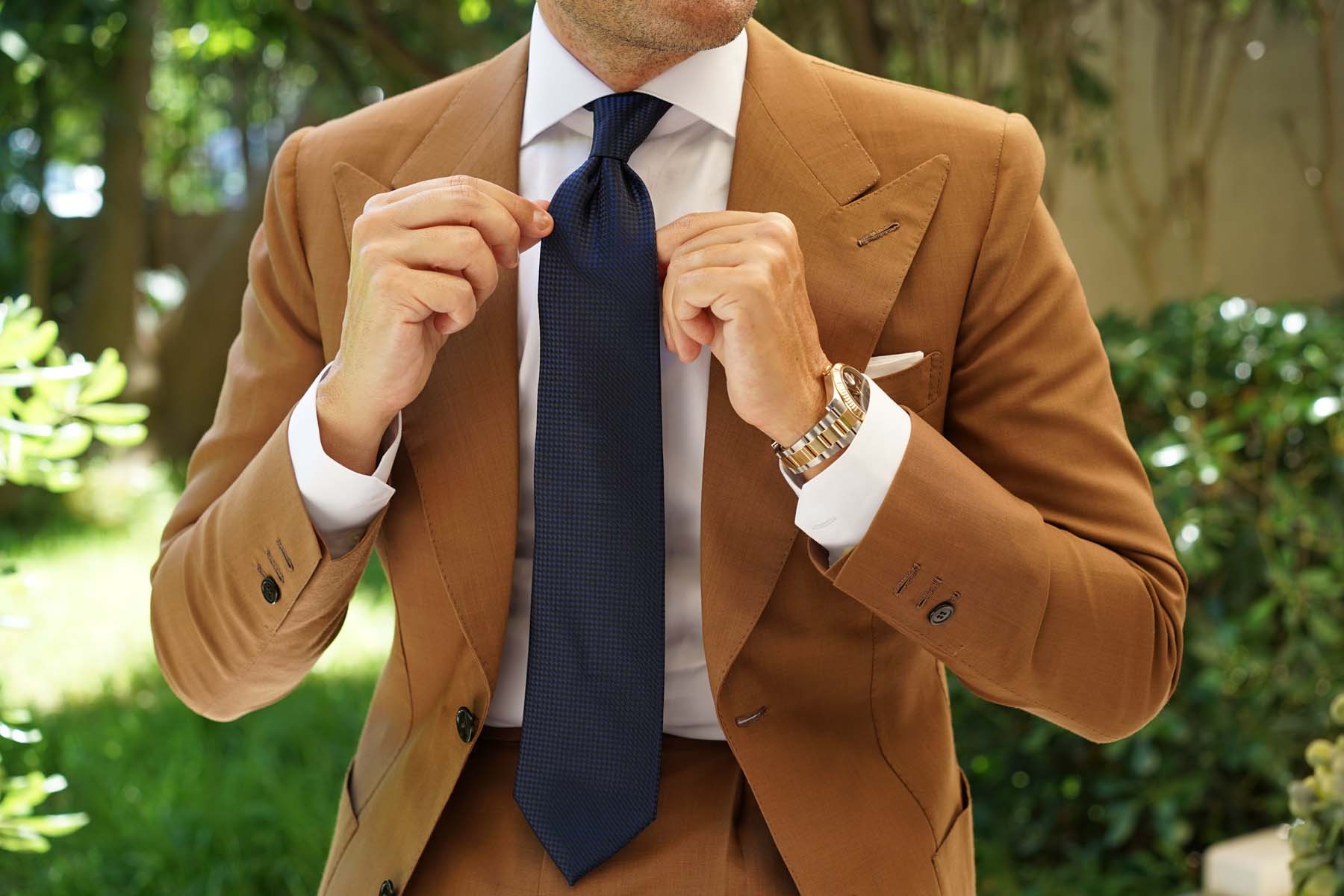 Navy Blue Basket Weave Checkered Necktie