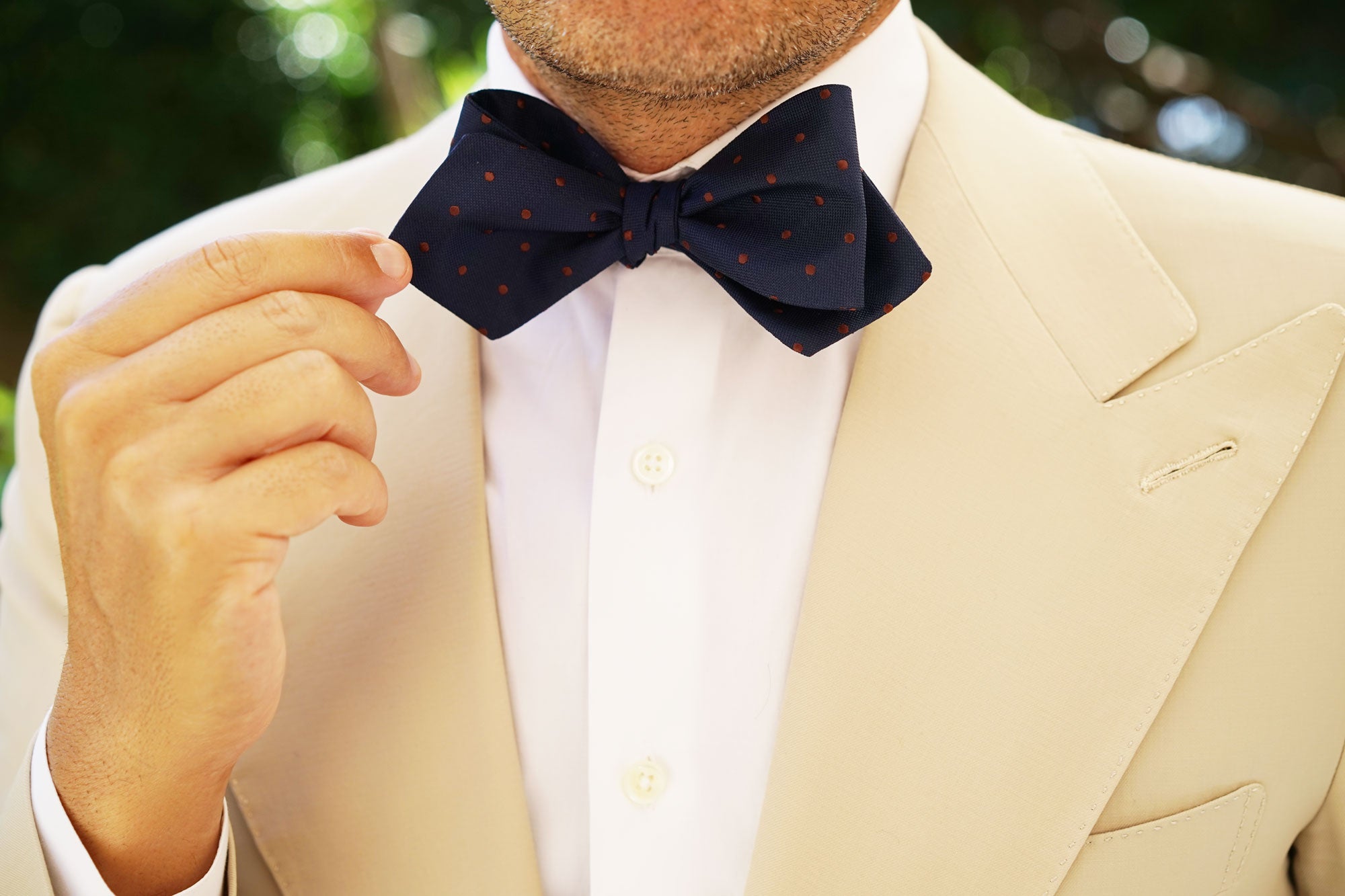 Navy Blue with Brown Polka Dots Self Tie Diamond Tip Bow Tie