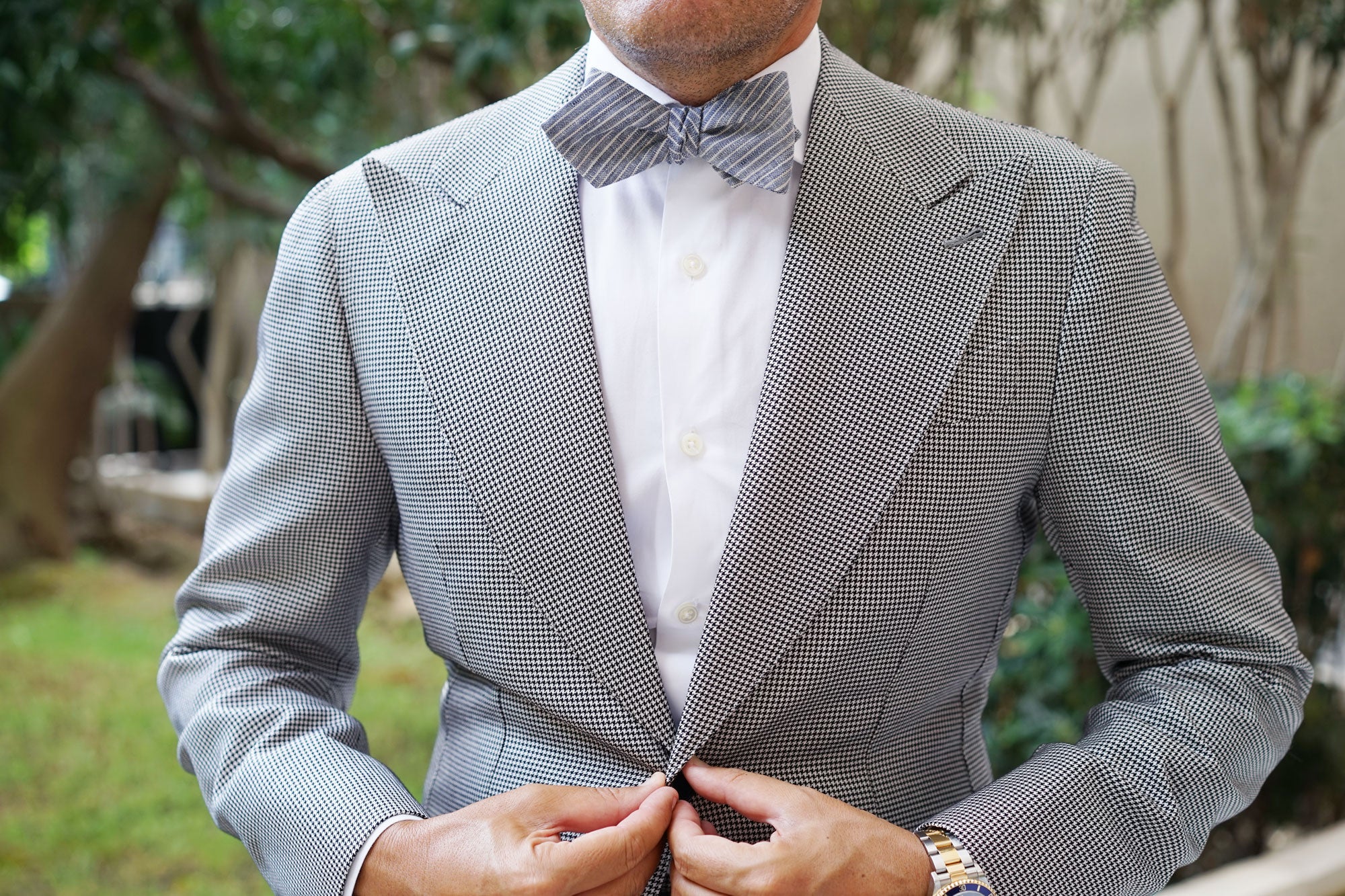 Blue Dry Cold Linen Pinstripe Diamond Self Bow Tie