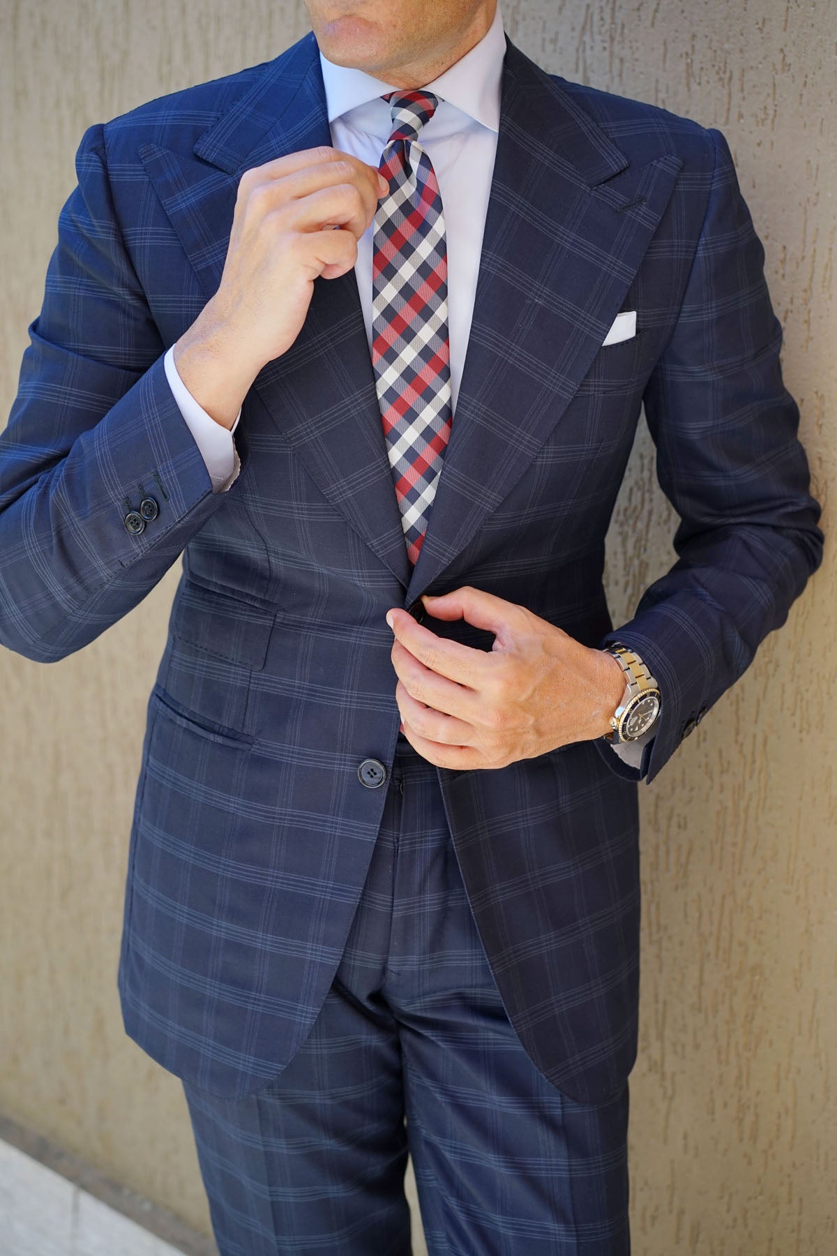 Navy Checkered Scotch Red Skinny Tie