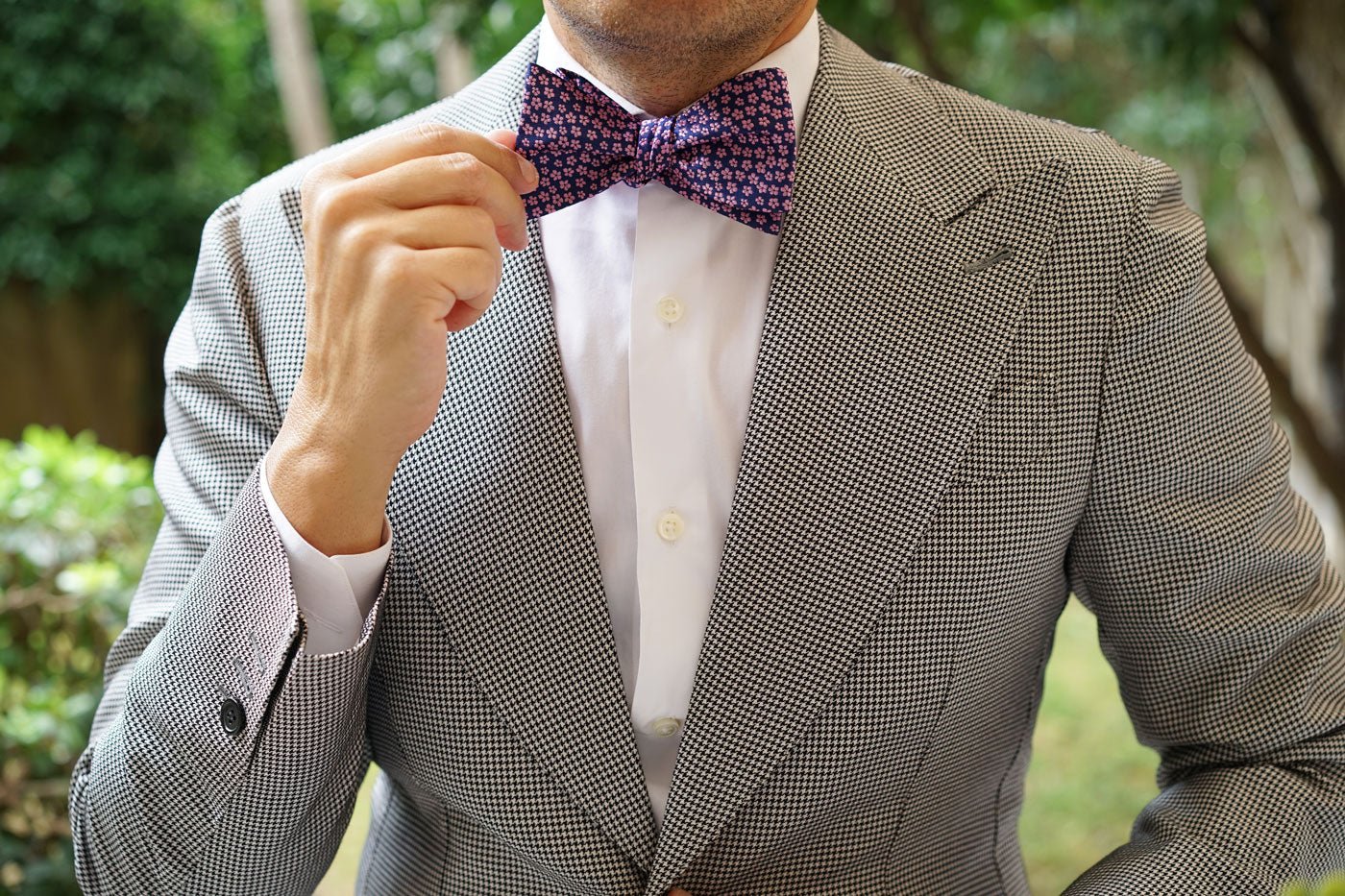 Pink Plum Blossom Floral Self Bow Tie