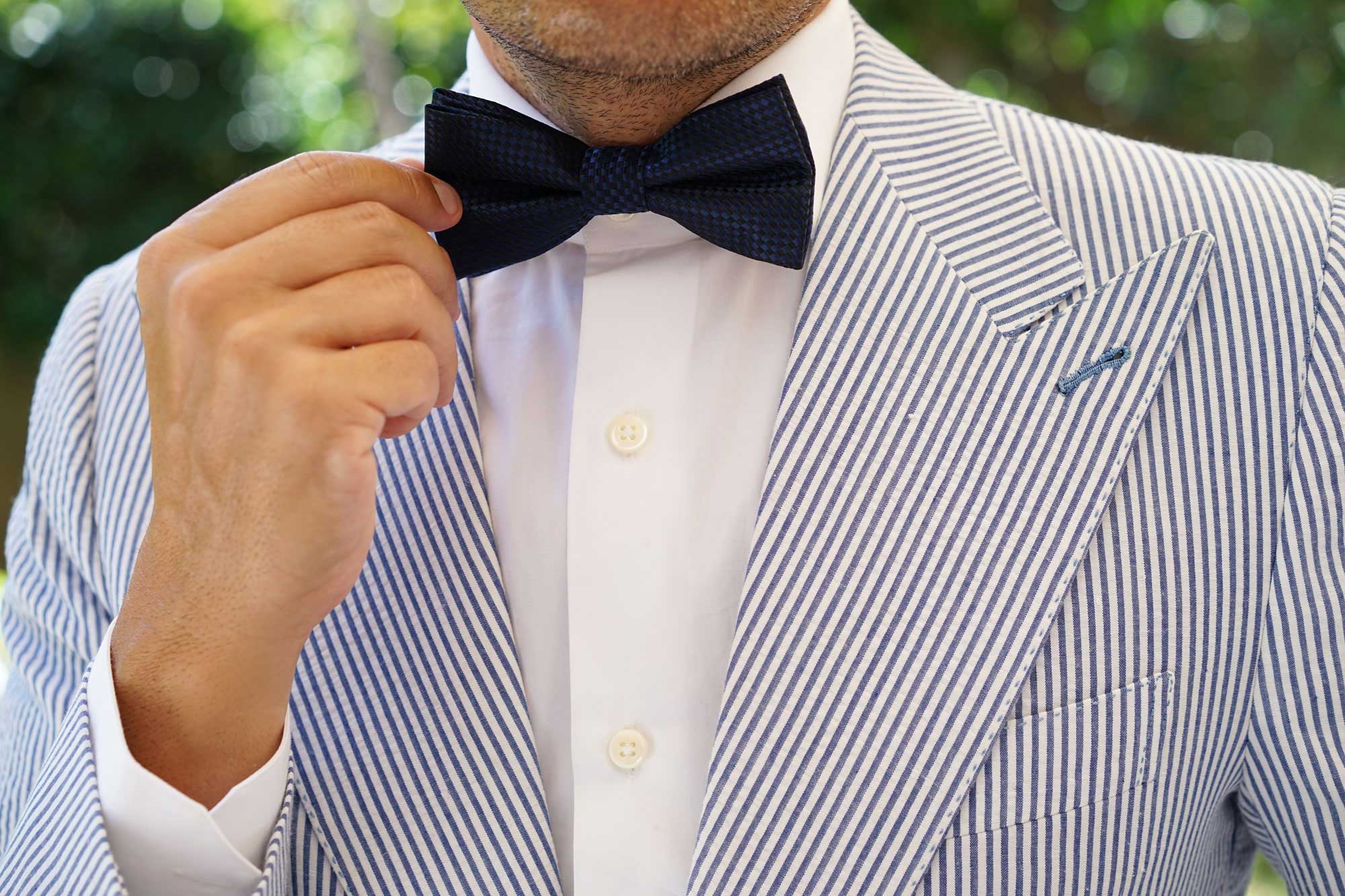 Navy Blue Basket Weave Checkered Bow Tie